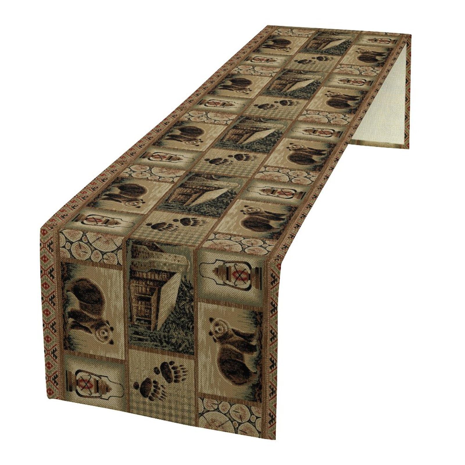 Retro Rustic Table Runner, Tribal Geometric Pattern Bear Deer Elk Cabins Country Style Tabletop Collection Table Runner for Kitchen Family Dinner,Indoor Outdoor Table Decor 13x120in