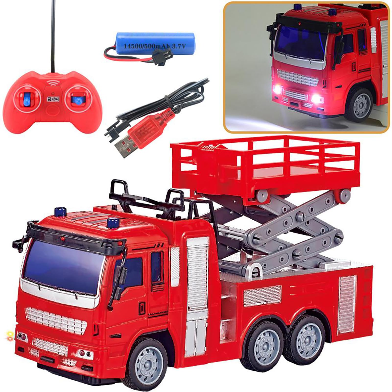 Juguetes de Motor de Bomberos Remotos, Camión de Bomberos con Luces LED Intermitentes y Sonidos de Sirena Reales, Coche de Juguete RC, para Niños (Camión de con Control Remoto