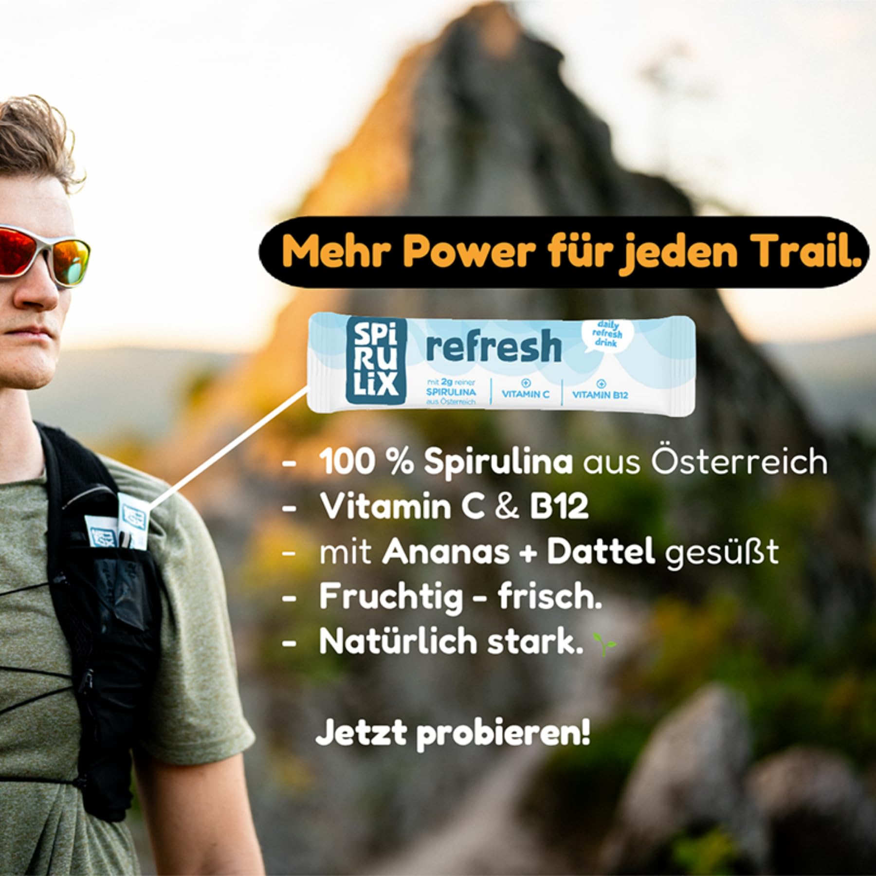 Spirulina Refresh Stickpacks 30 Sticks, Superfood-Drink mit Vitamin C & Vitamin B12, Spirulina aus Österreich, Vegan, Natürlicher Energie-Boost, Ananas-Apfel Geschmack