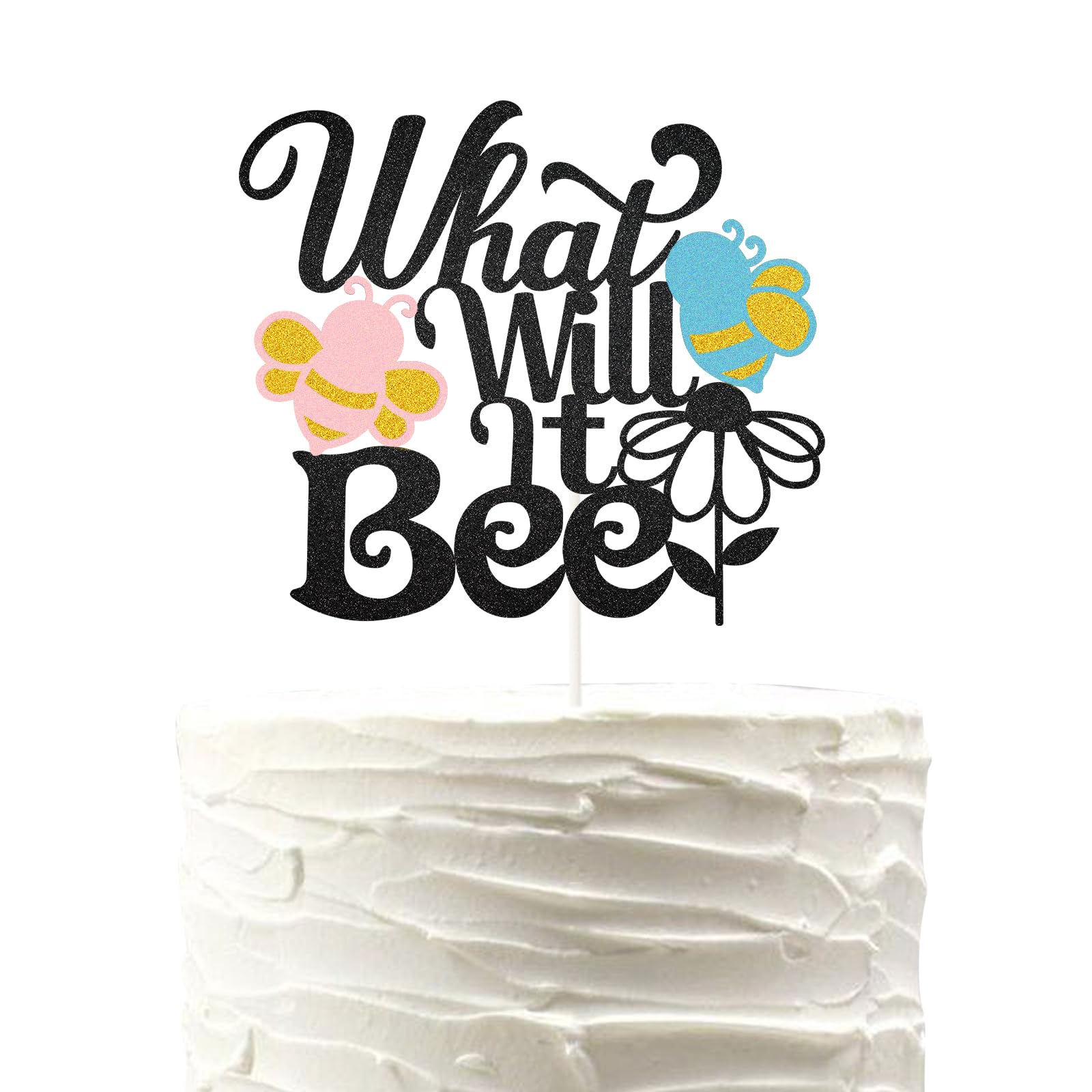 Black Glitter What Will Baby Bee? Cake Topper for Gender Reveal Party,Bee Gender Reveal Baby Shower Party Decorations He or She,Boy or Girl Cake Topper.