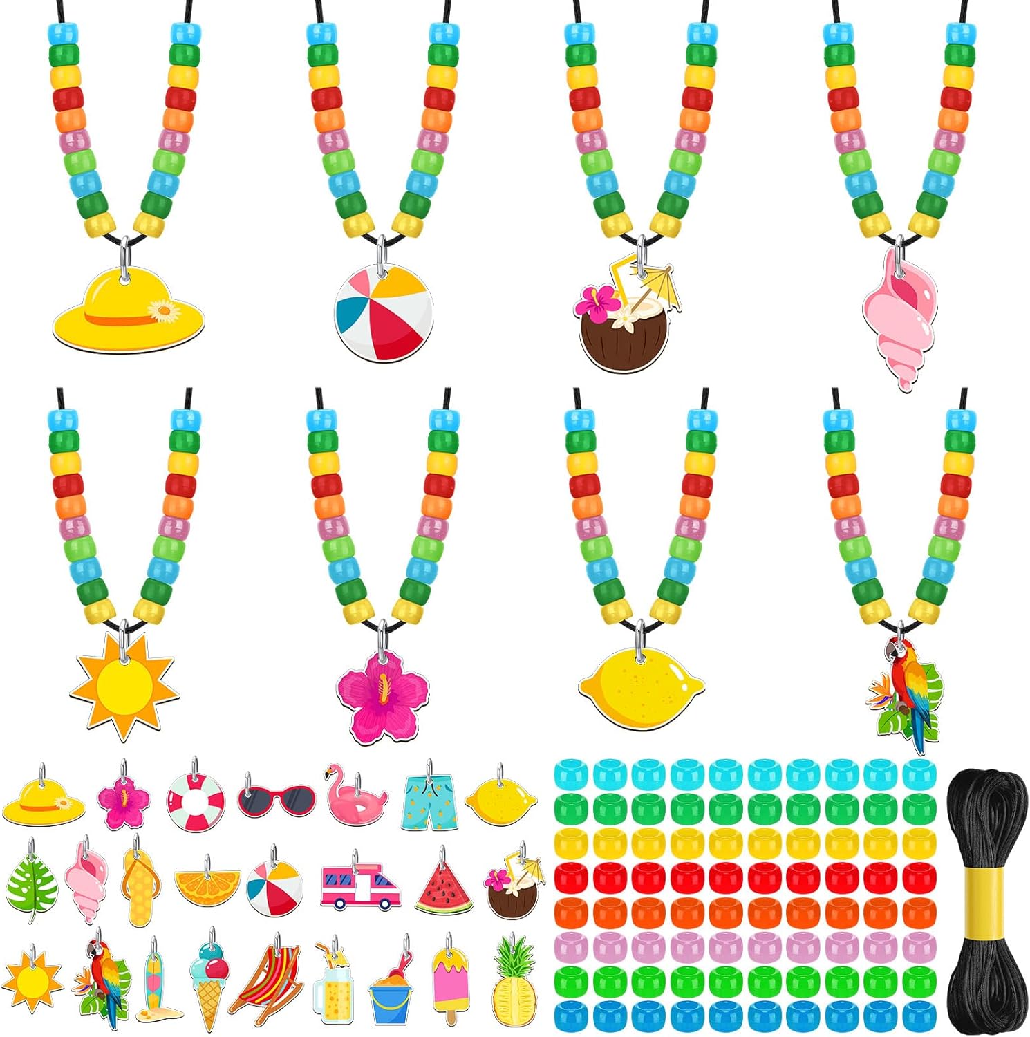 Ferreve 48 Sets Summer Hawaii Bead Necklace Crafts Kit Making Your Own Summer Necklace Craft Gifts Hawaiian Flamingo Leaf Tropical Design Beads DIY Necklaces Supplies