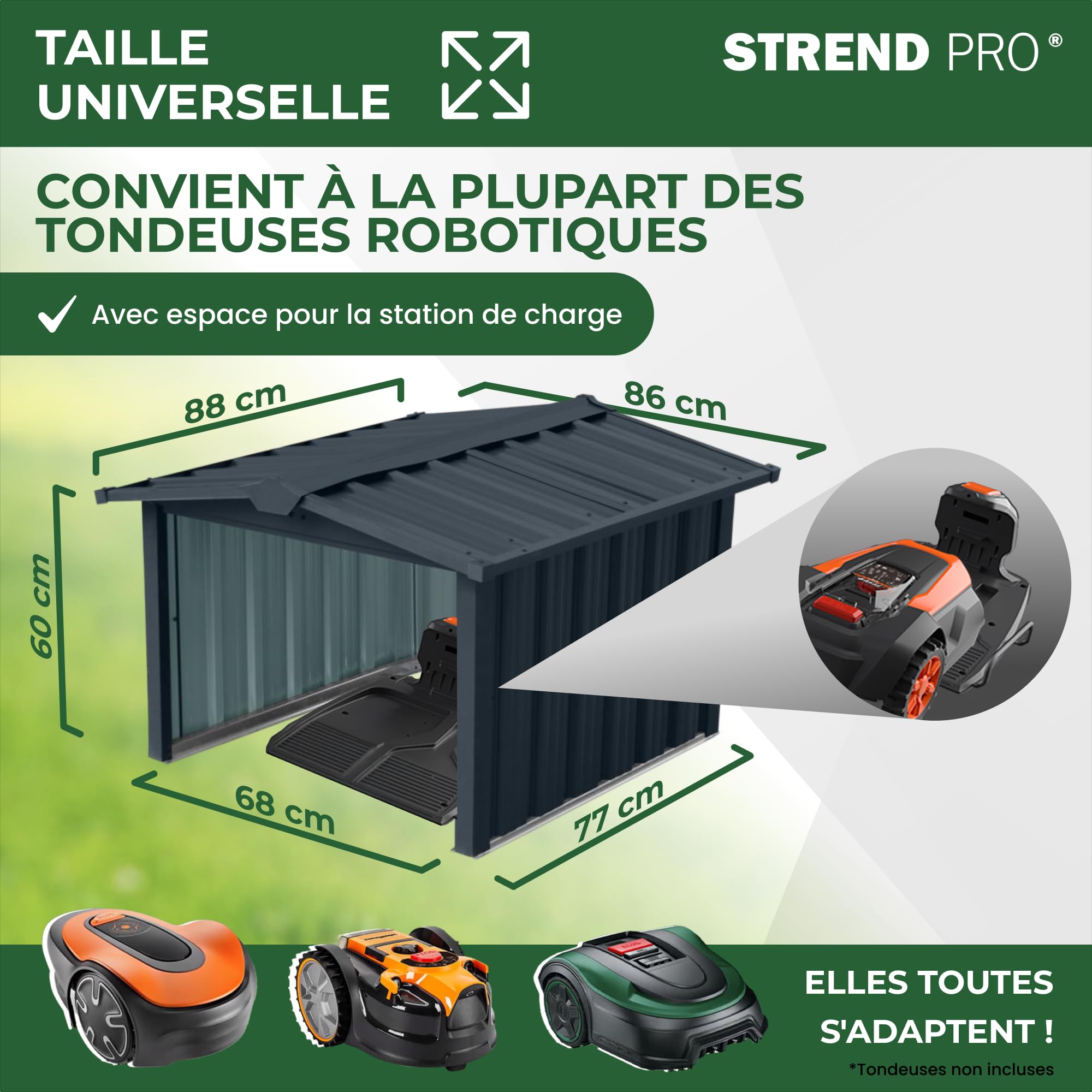 STREND PRO Garage Pour Robot Tondeuse En Métal Anthracite 86x88x60 cm | RÉSISTANT AUX INTEMPÉRIES | Anti-UV | Abri | Carport | Toit Protecteur | Couverture Pour Robot Tondeuse