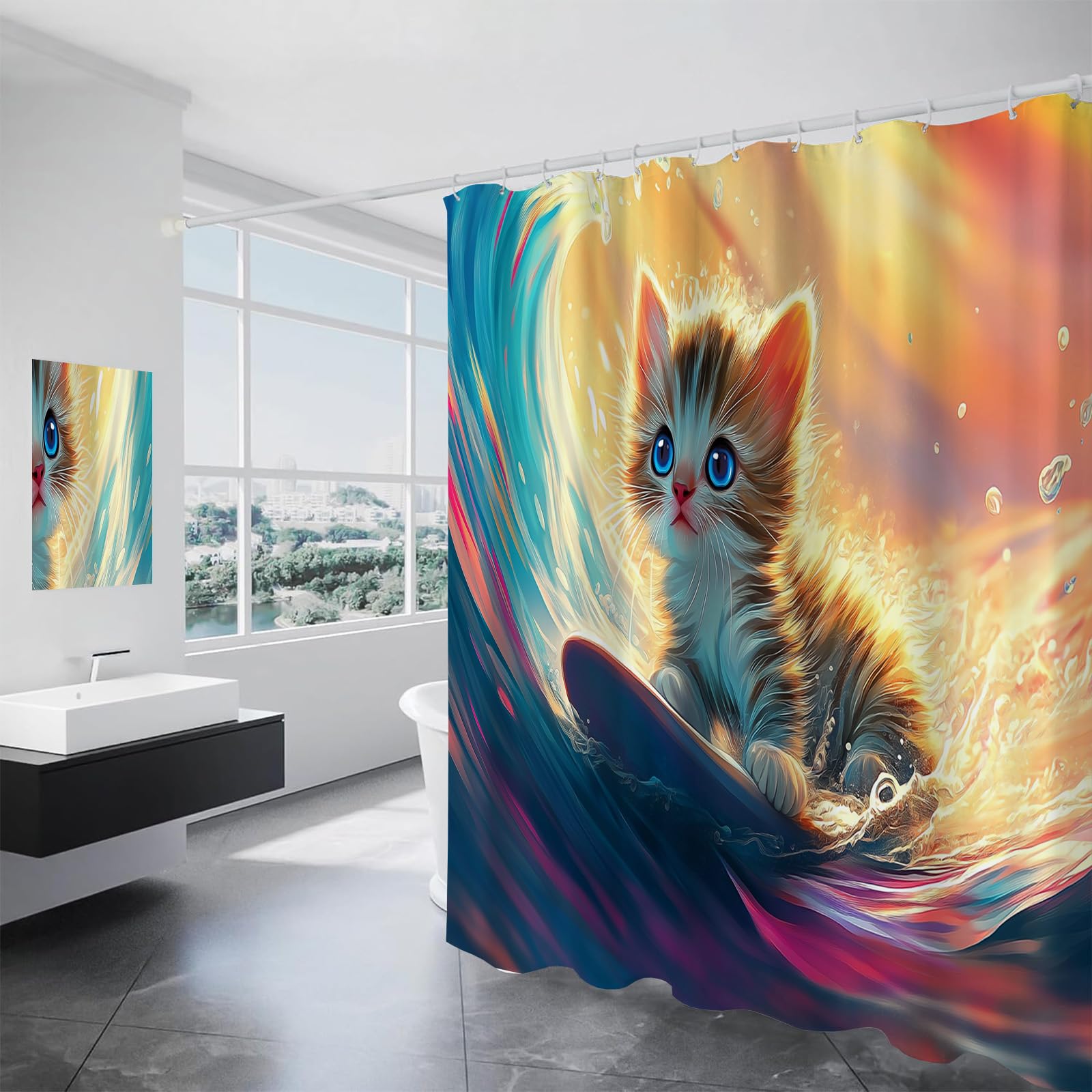 Rideau de douche vagues et chaton mignon en polyester imperméable 180x200cm