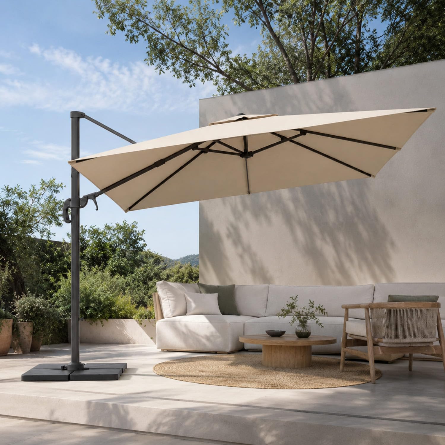 Ombrellone Da Giardino 3X3 M Con Braccio Retrattile Per Esterni Piscina Terrazze Bar Hotel Gazebo In Acciaio Inossidabile Con Braccio Rotabile 360° Impermeabile E Resistente Ai Raggi UV Beige