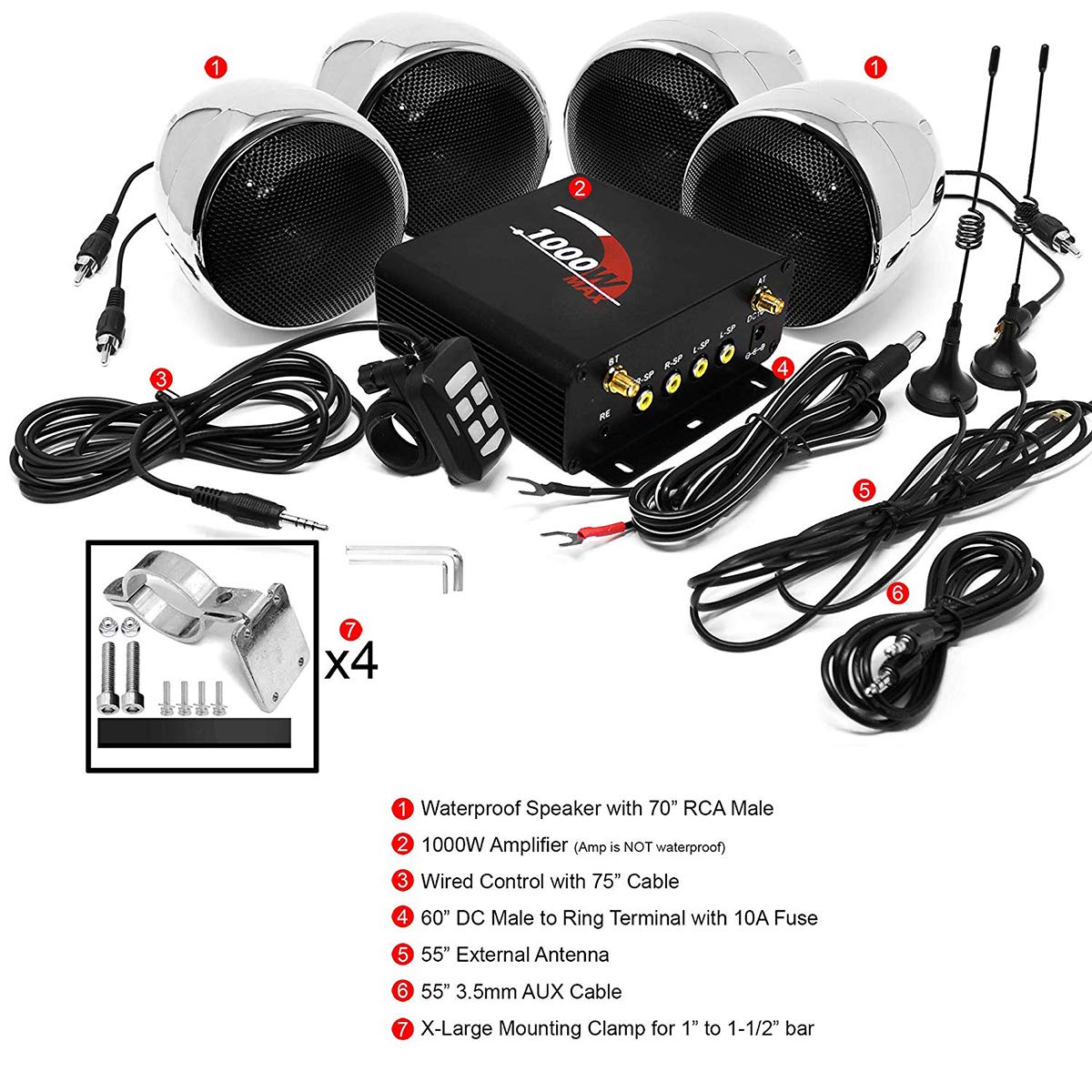 Amplificatore moto 1000 W, 4 canali, impermeabile, Bluetooth, per Harley Cruiser ATV UTV, sistema audio con AUX, USB, SD, FM Radio per manubrio