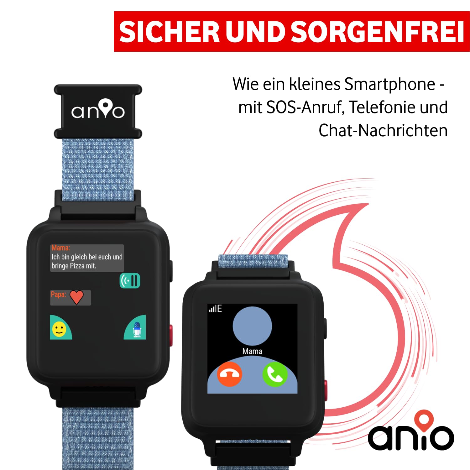 Vodafone ANIO 5 s Smartwatch Kinderuhr in Blau SIM | 50€ Amazon-Gutschein nach SIM-Registrierung | GPS-Tracking, SOS-Knopf, Schulmodus, Anrufe | Eltern-App