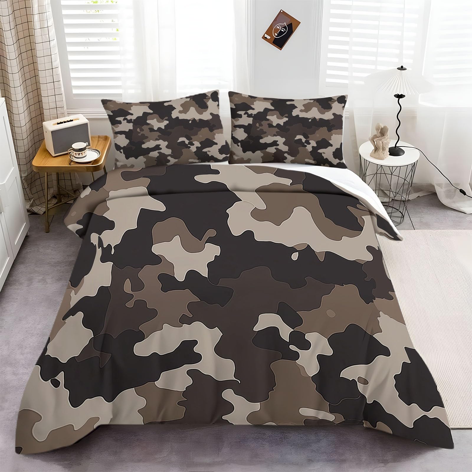 Funda nórdica 150 x 200 cm, Juego de Ropa de Cama para Camuflaje Marrón Oscuro Y Gris 3 Piezas, Incluye 1 Funda nórdica y 2 Fundas de Almohada 50 x 75 cm