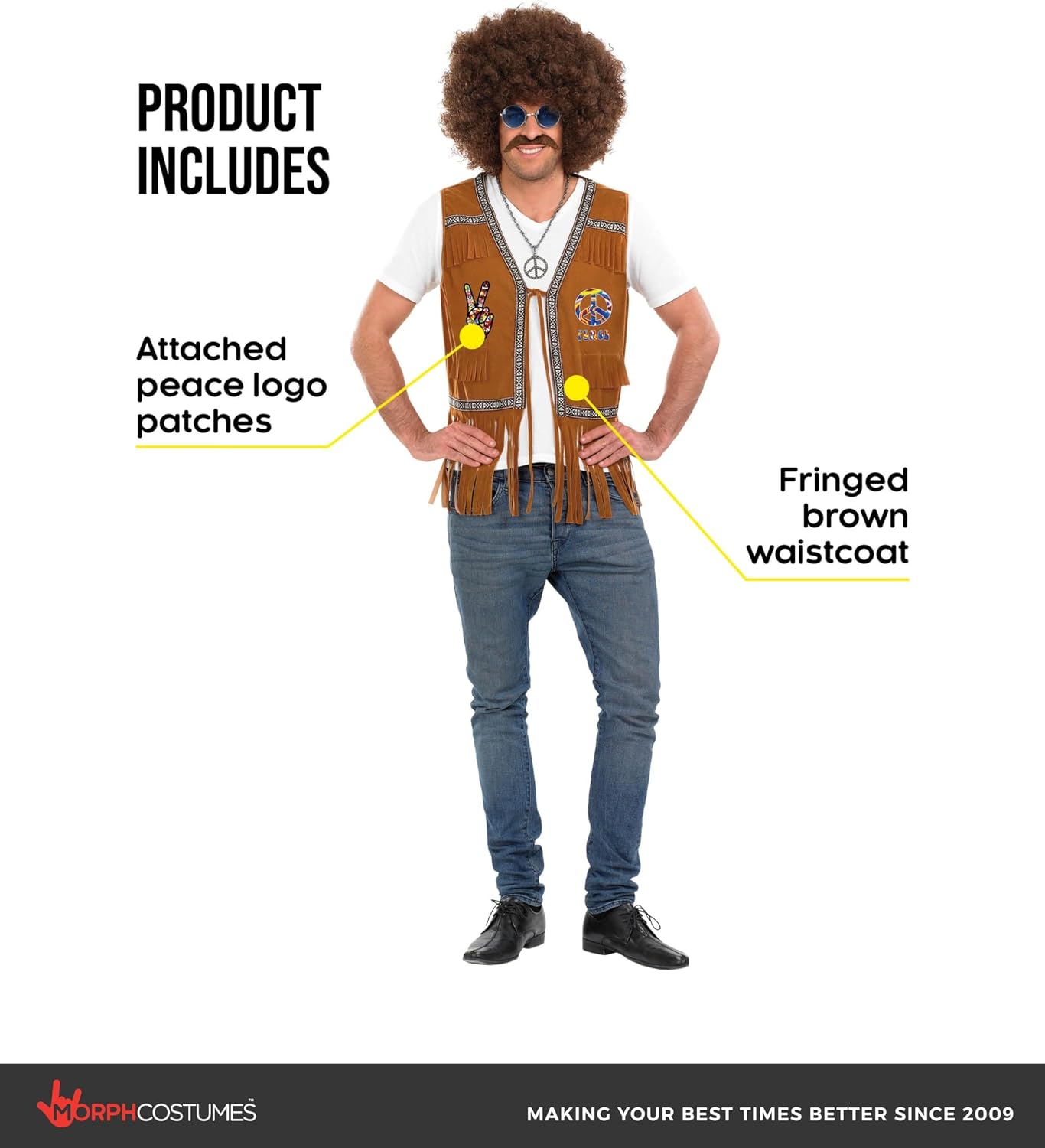 fun shack Brown Waistcoat Costume for Men, Hippie 60s 70s Themed Outfit, Retro Mens Costume for Parties and Events