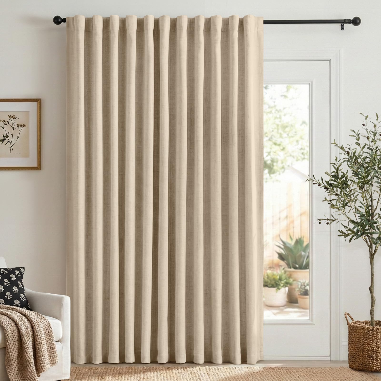 Faux Linen Total Blackout Sliding Door Curtains 84 Inches Long Natural Flax
