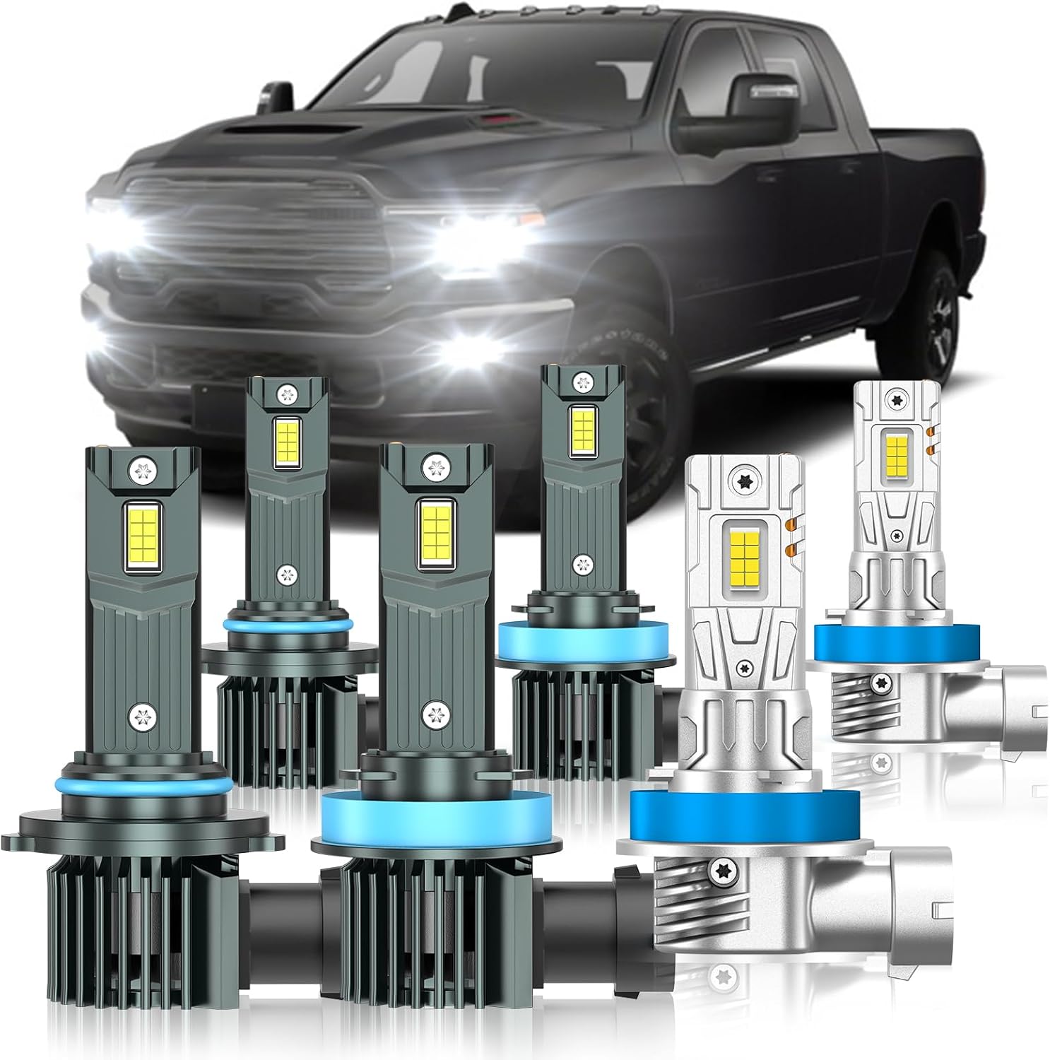 Fit for Dodge Ram 1500 2500 3500 2019-2025(without Projector Version) Light Bulbs, High/Low Beam Fog Light Bulbs Combo, 800% Brightness, 6000K Cool White, Plug and Play, Pack of 6