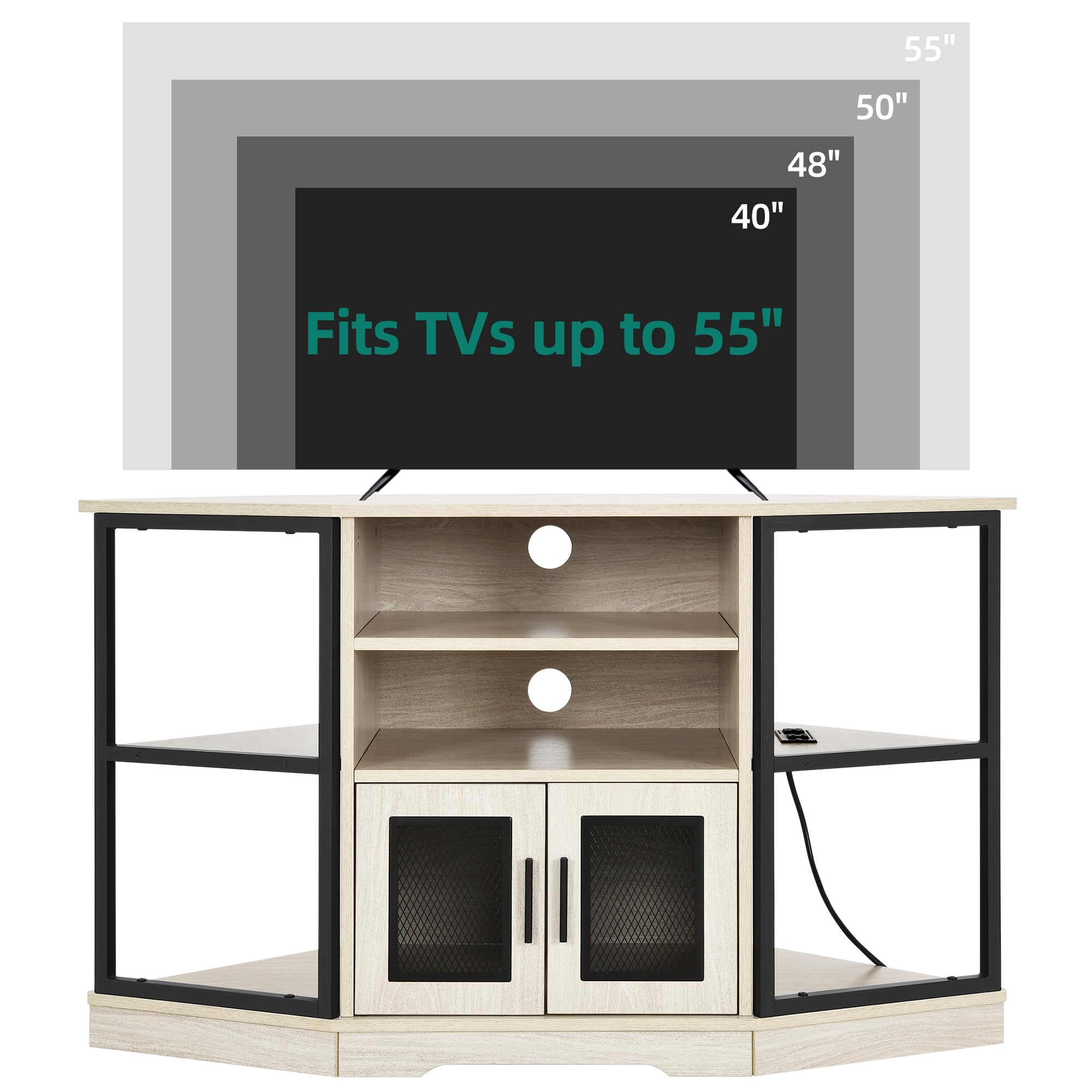 YITAHOME Corner TV Stand for TVs up to 55/50 Inch with Power Outlet, Modern Farmhouse Entertainment Center, Wood TV Media Console with Storage Cabinets Shelves for Living Room Bedroom, White Oak