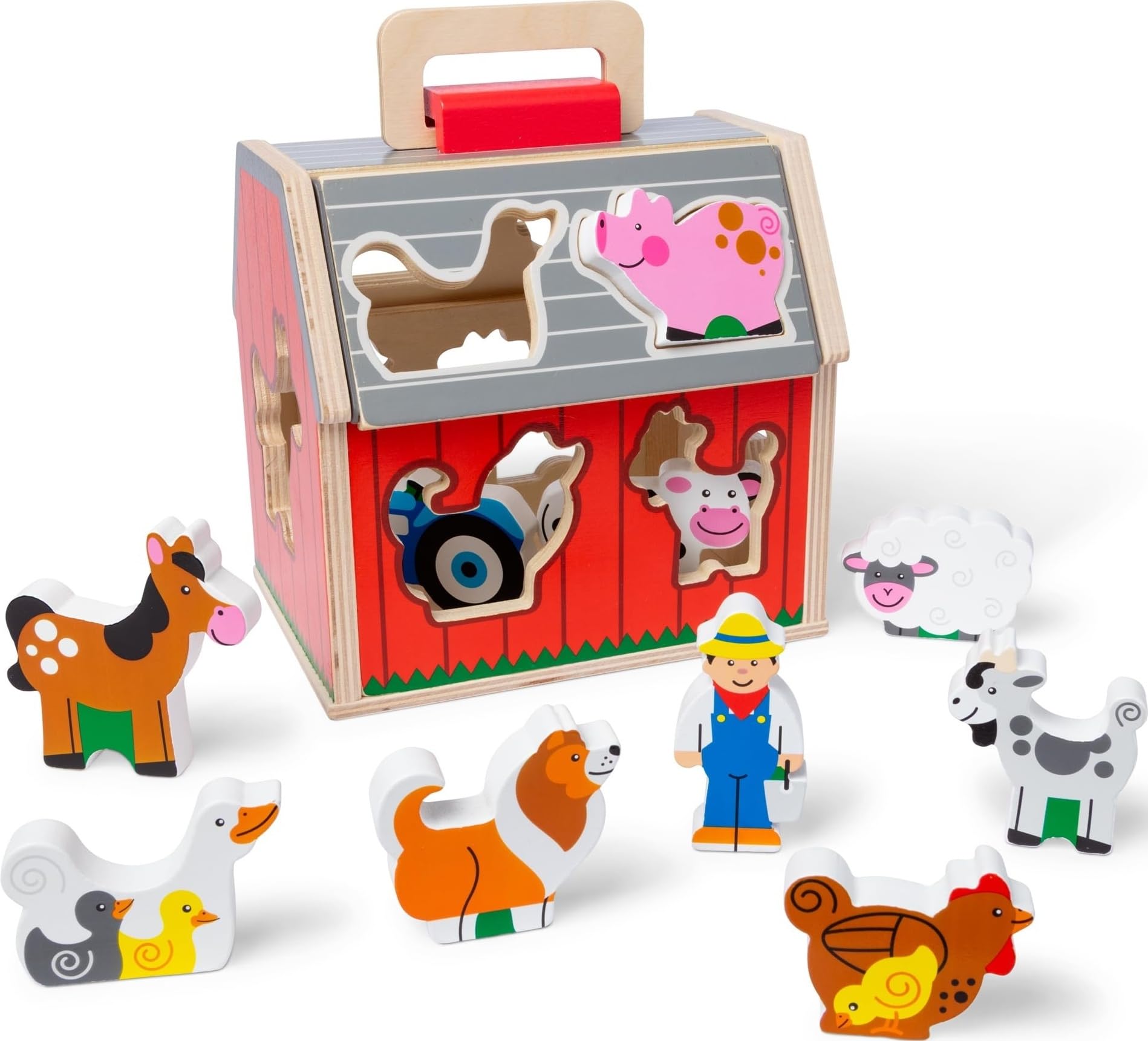 Melissa & Doug Fienile per giochi di incastro portatile in legno con tetto ribaltabile, maniglia e 10 pezzi in legno per giocare alla fattoria