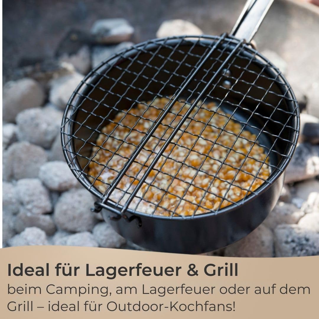 Poêle à pop-corn à feu ouvert et machine à popcorn à manche long avec couvercle à barbecue, idéale pour le camping et la machine à popcorn, machine à popcorn