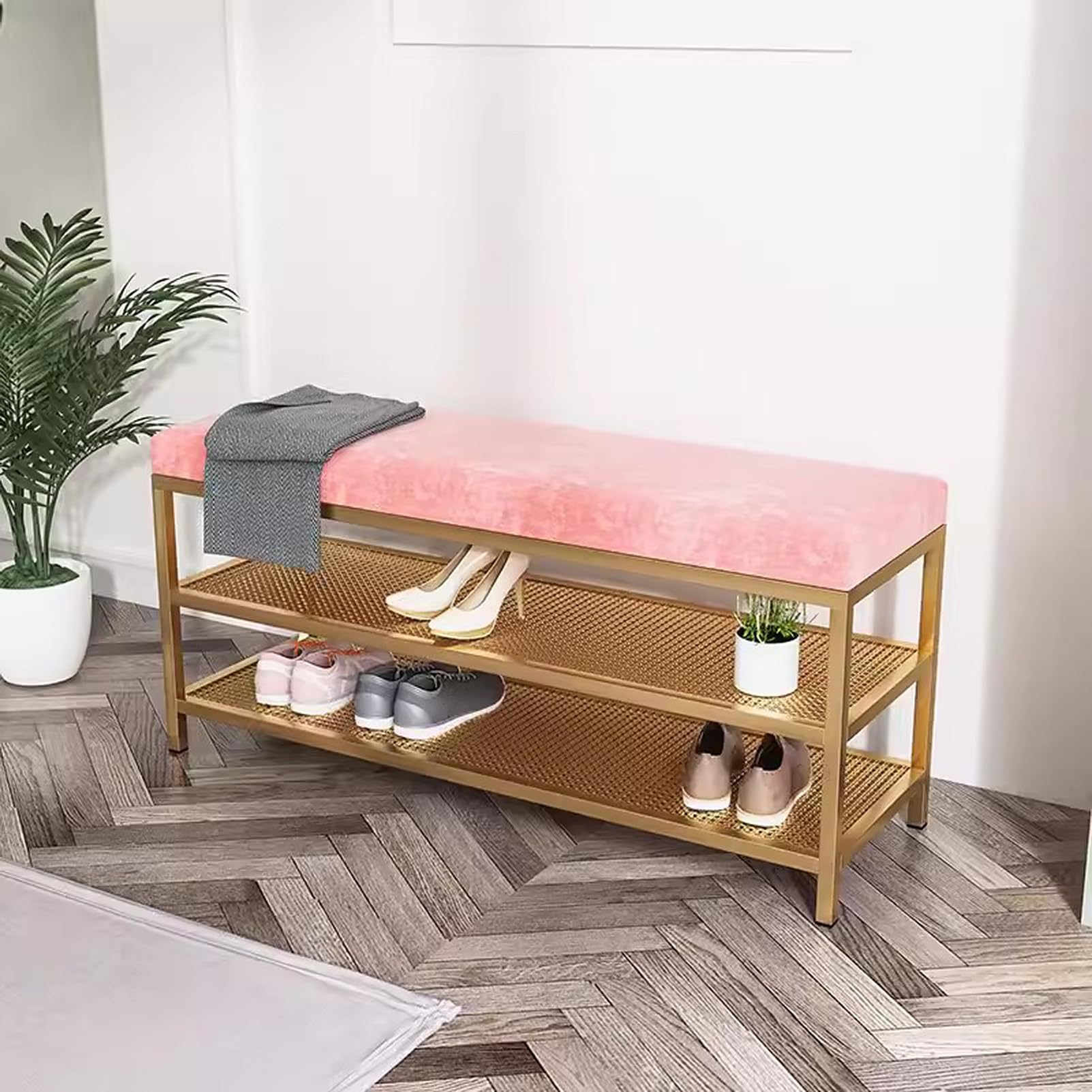 Banco zapatero con marco de metal dorado, almacenamiento de terciopelo de 3 niveles para entrada, baño, sala de estar, muebles elegantes al final de la cama, versátil y funcional