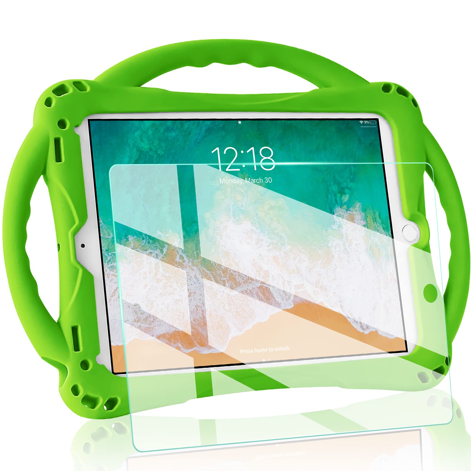 TopEsct Kids Case for iPad 6th/5th Generation, Silicon Shockproof Case for New iPad 2017/2018 9.7 inch with Tempered Glass Screen Protector and Strap,