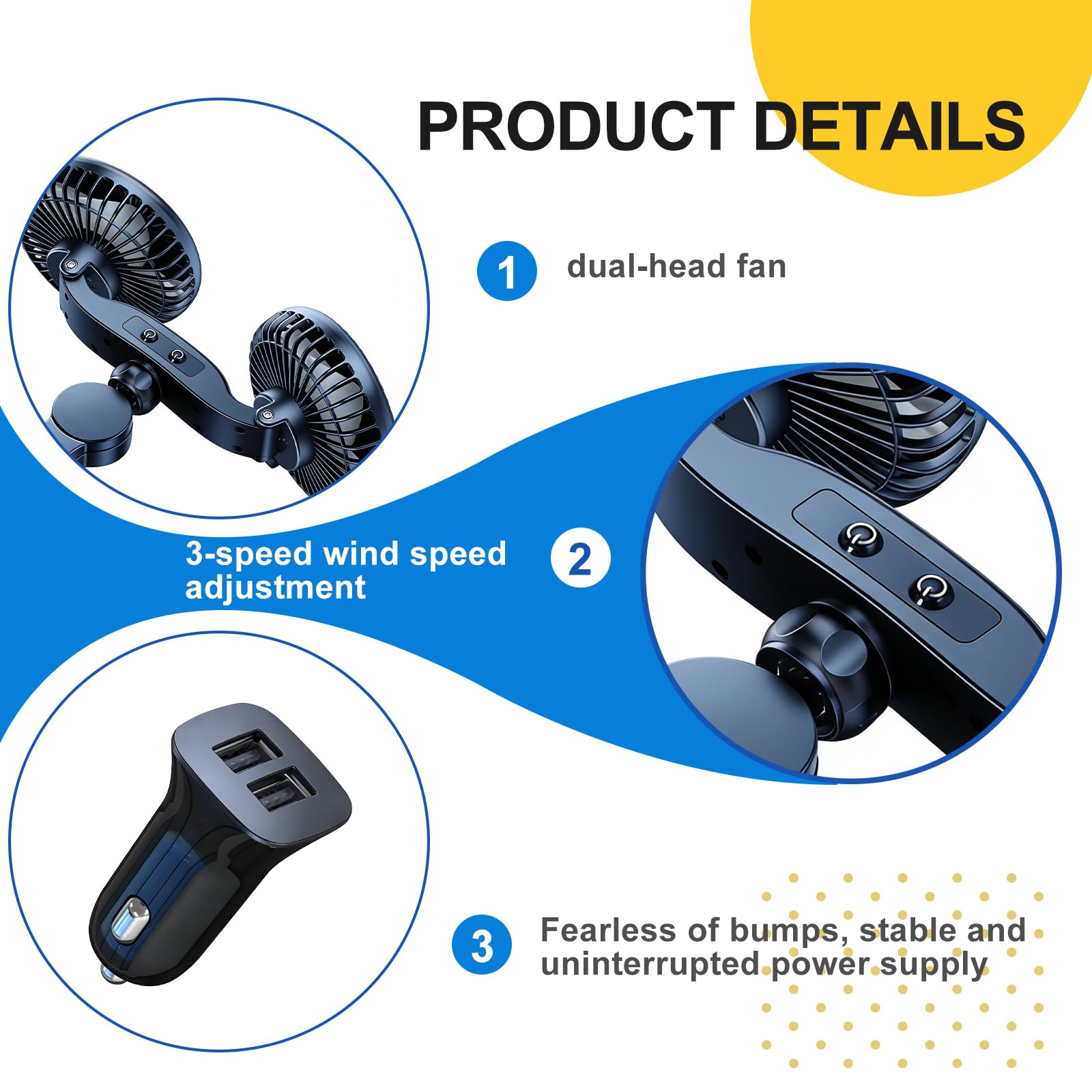 Ventilatore per auto per sedile posteriore, ventilatore USB per auto da 12V con caricabatterie per auto e cavo, ventilatore per auto a raffreddamento ad aria girevole a 360° a 3 velocità, ventilatore