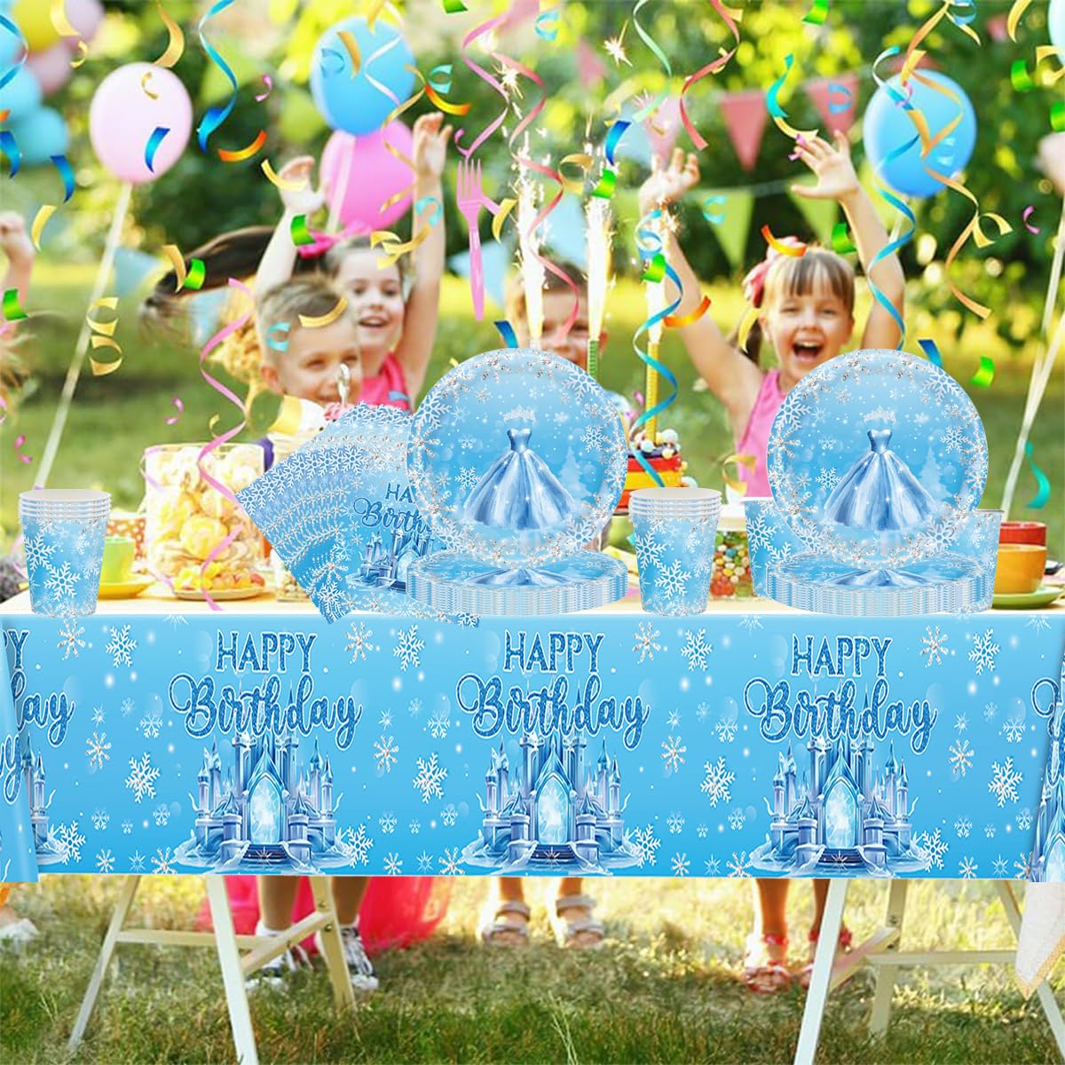Frozen Stoviglie per feste, 61 pezzi Castello di ghiaccio Stoviglie per compleanni per bambini, Fiocchi di neve Set di piatti di carta per feste, Compresi bicchieri, tovaglioli e tovaglie