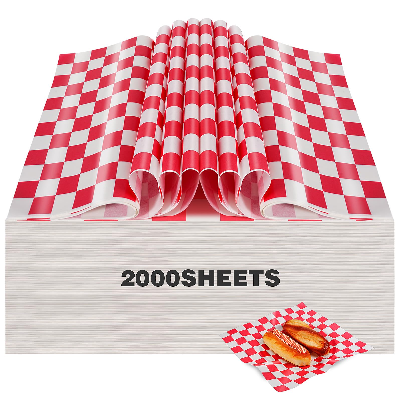Colarr2000 Pcs Deli Paper Sheets Grease Resistant Food Basket Liners 12" x 12" Waxed Red Checkered Square Sandwich Paper Wraps for Carnival, Party, Fast Food, Cheese, Picnic, Festival, BBQ, Bread