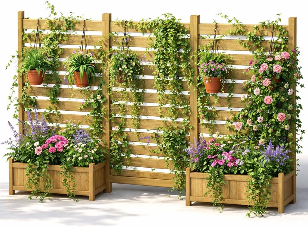 Pamapic 3 Set Planter with Trellis, Garden Privacy Screen with Planter Box & Drainage Holes, for Climbing Plants, Flower, Vegetable, Wooden Raised Beds for Garden, Patio, Porch