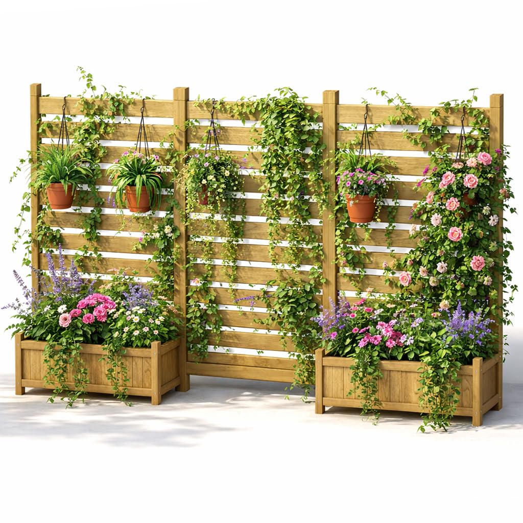 Pamapic 3 Set Planter with Trellis, Garden Privacy Screen with Planter Box & Drainage Holes, for Climbing Plants, Flower, Vegetable, Wooden Raised Beds for Garden, Patio, Porch