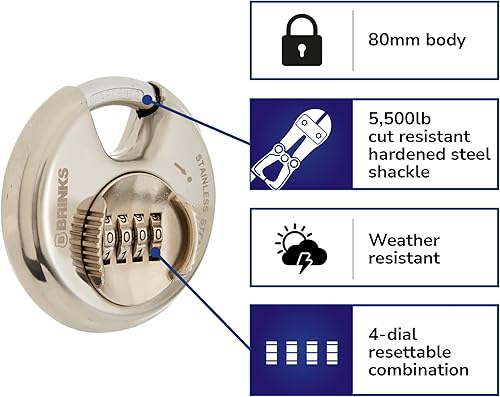 Miniatura 8 de BRINKS 173-80051 Candado de disco con combinación de acero inoxidable reiniciable, 3.150 in, color plateado