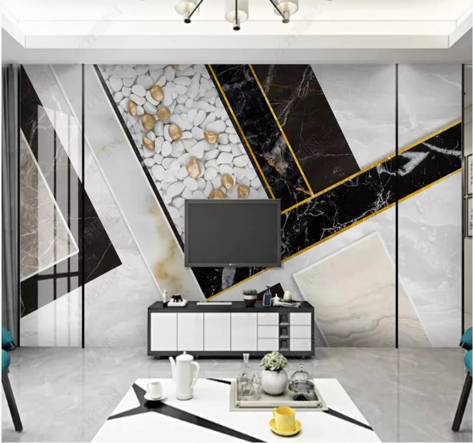 Astratto Bianco E Nero Geometrico Linee Effetto Marmo Moderna Carta Da Parati 3D Seta Pregiata Testurizzata Ideale Per La Camera Letto Del Soggiorno-200cm×140cm