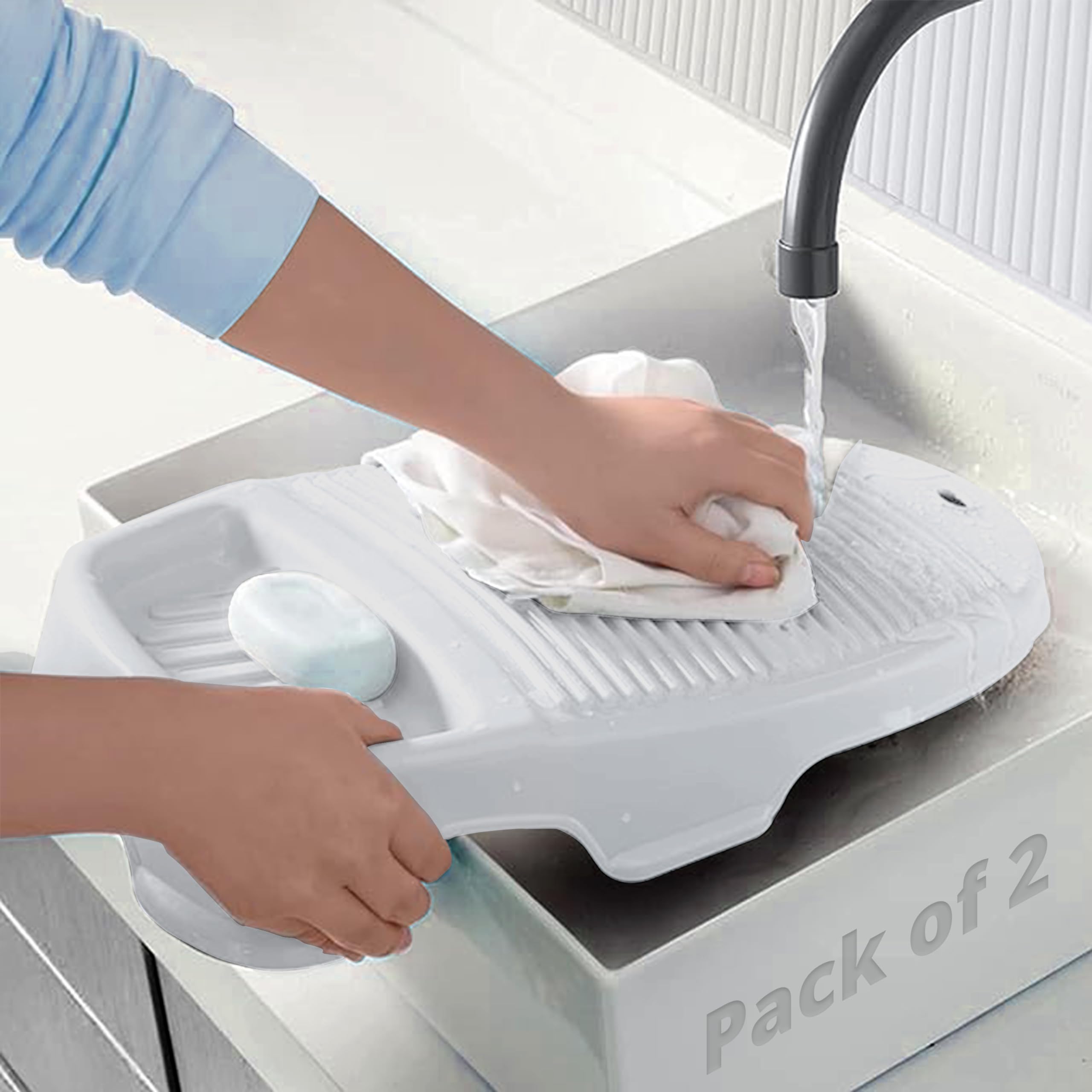 LIVINGBASICS 2 Piece Wash Boards/Washing Board for Clothes/Wash Board Basin Tub for Scrubbing Cloth/Anti-Slip Laundry Washboard for Small Clothes (White)-picture-23