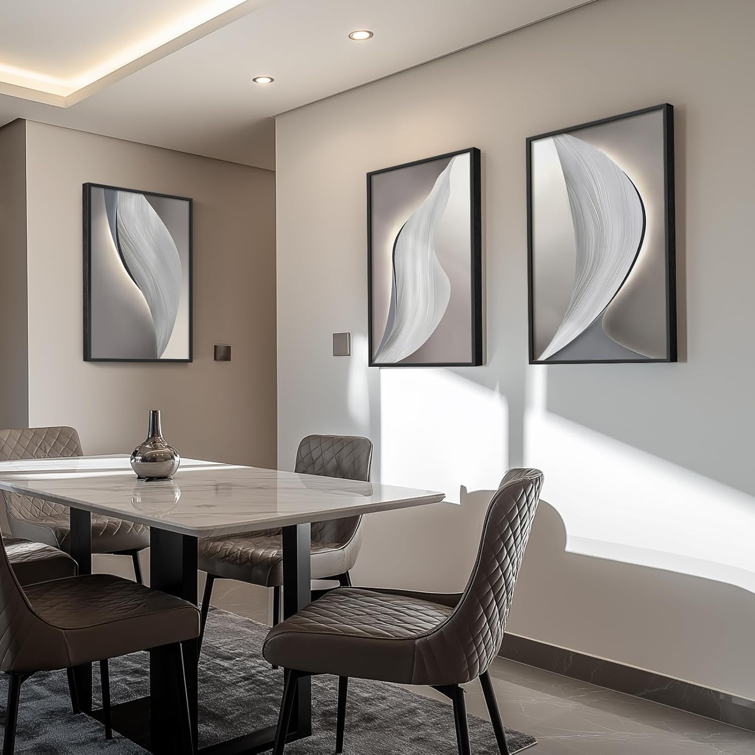 Framed Modern Gray Abstract Wall Art for Living Room, Large 3 Piece Black and White Canvas Painting Prints, Beige Picture Artworks for Dining Room Bedroom Hallway Home Office Wall Decor, 24x36 Inch