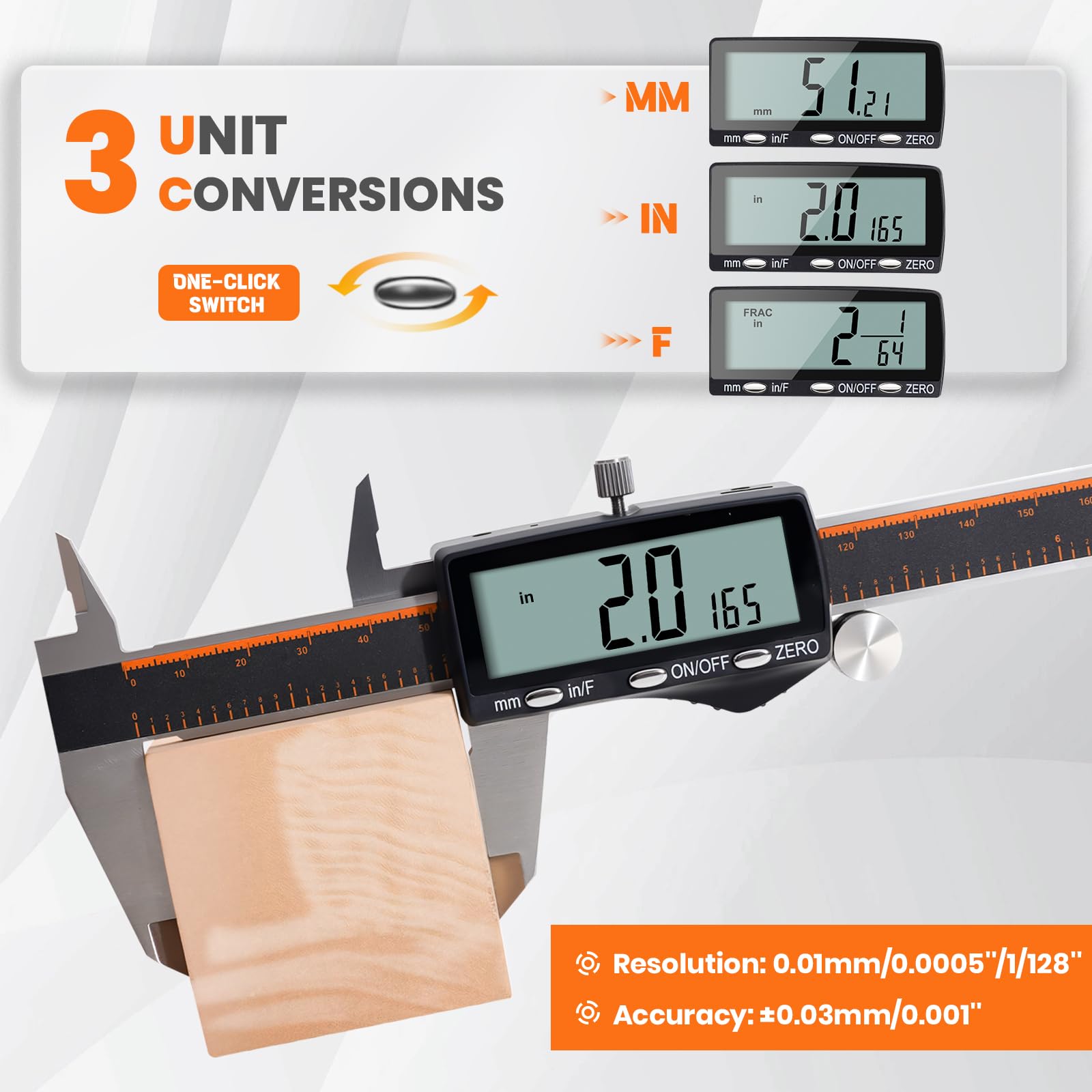 HARDELL Pied à coulisse numérique rechargeable de 0 à 8 pouces, outil de mesure avec grand écran LCD, pouces/mm/fraction, en acier inoxydable, arrêt automatique, pied à coulisse numérique micromètre