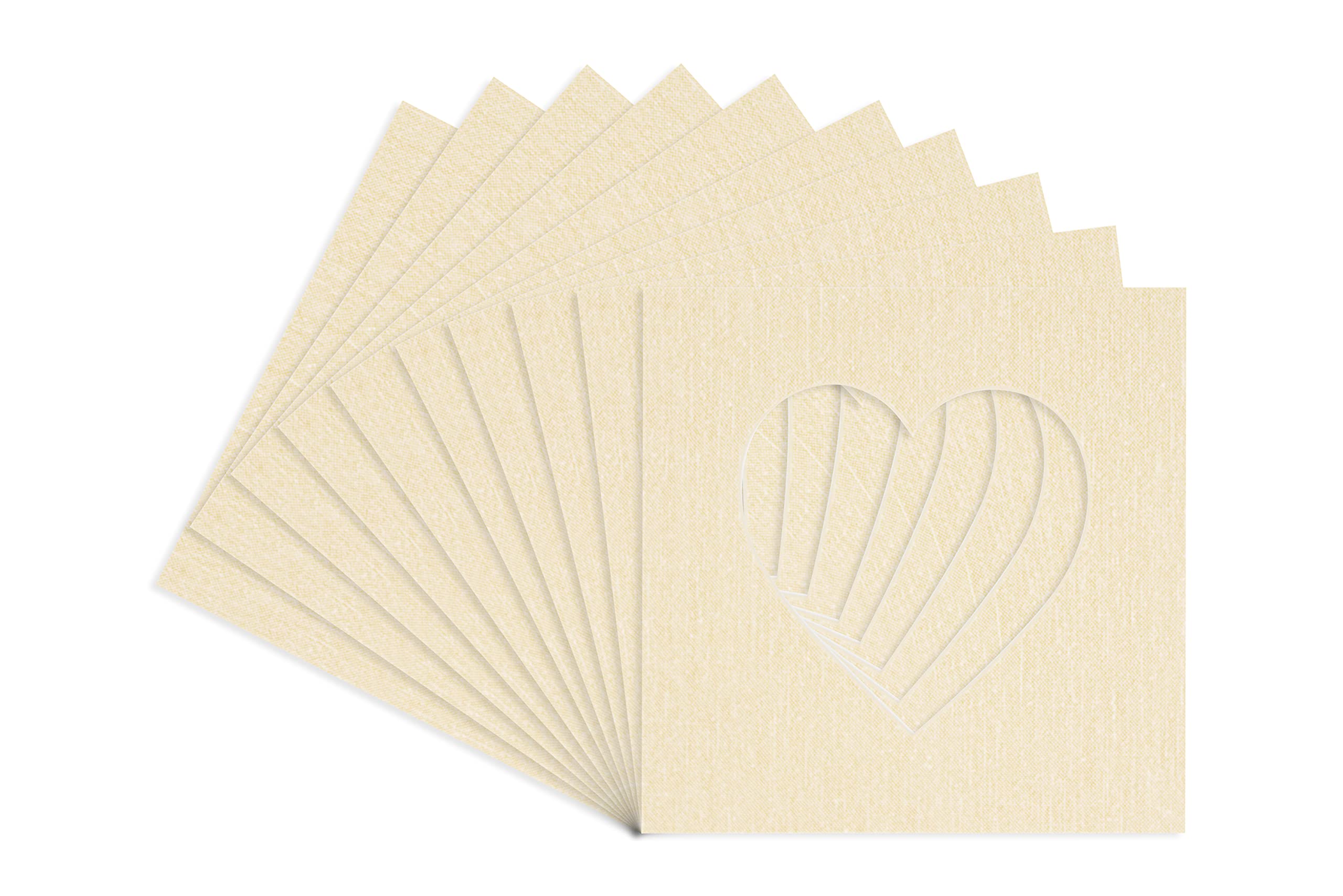 Fresh Linen Canvas Acid Free 8x8 Heart Picture Frame Mat with White Core Bevel Cut for 4x4 Pictures - Fits 8x8 Frame - Pack of 10 Matboard Show Kits With Acid Free Backings & Clear Bags