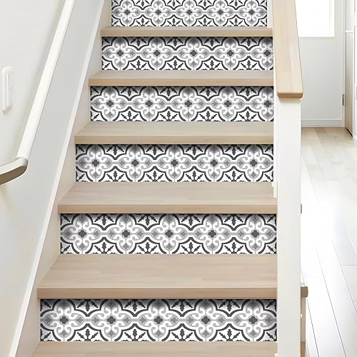 Miniatura 2 de funlife 10 calcomanías de vinilo con patrón marroquí para subir escaleras, autoadhesivas, retro, decorativas, 39.37 x 7.09 pulgadas, diseño floral