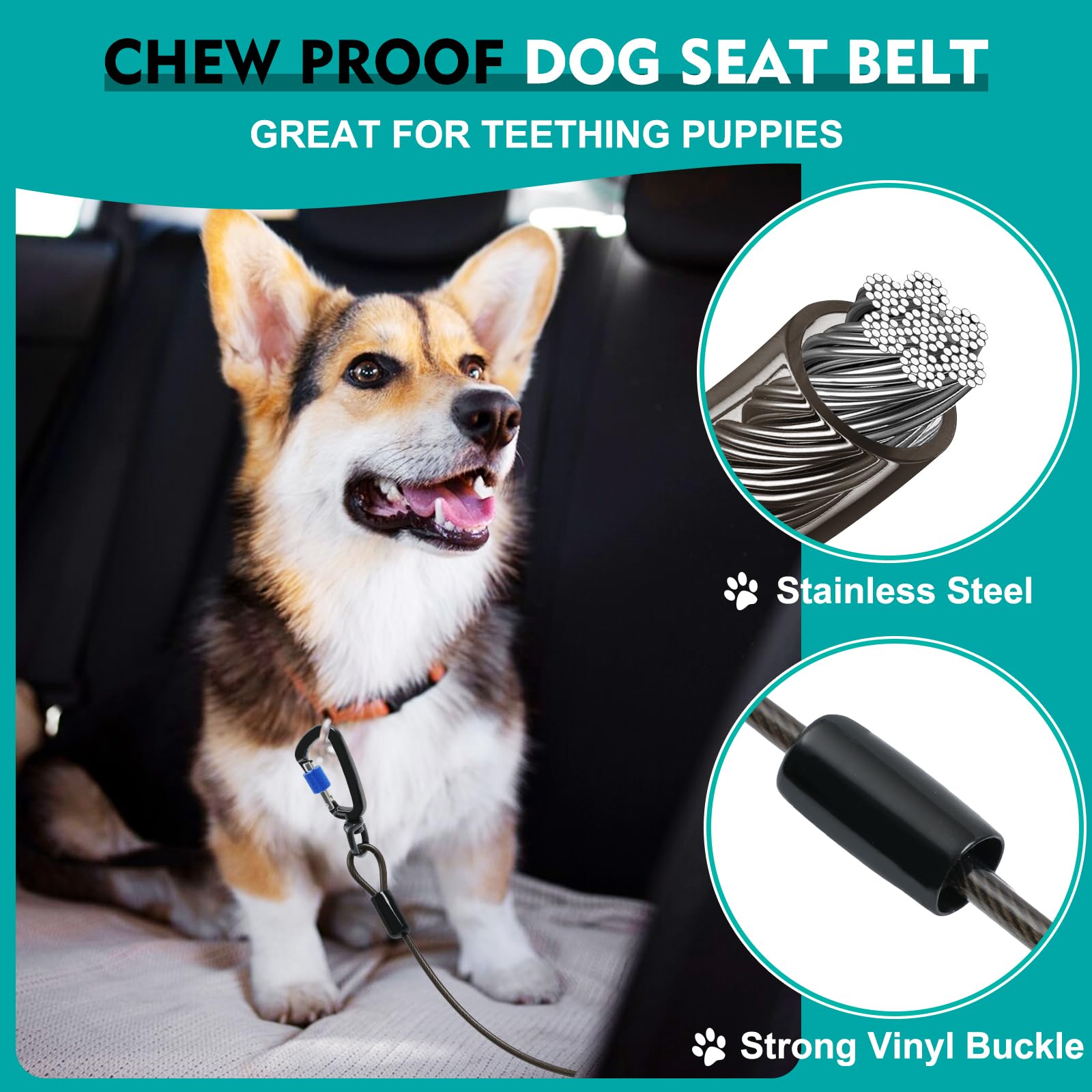 Chew Proof Dog Seat Belt for Car, 32 inch Black Dog Car Harness with Latch Bar Attachment and Aviation Aluminum Carabiner Up to 1000 lbs, Secure Dog Seatbelt Leash 1 Pack - image 2