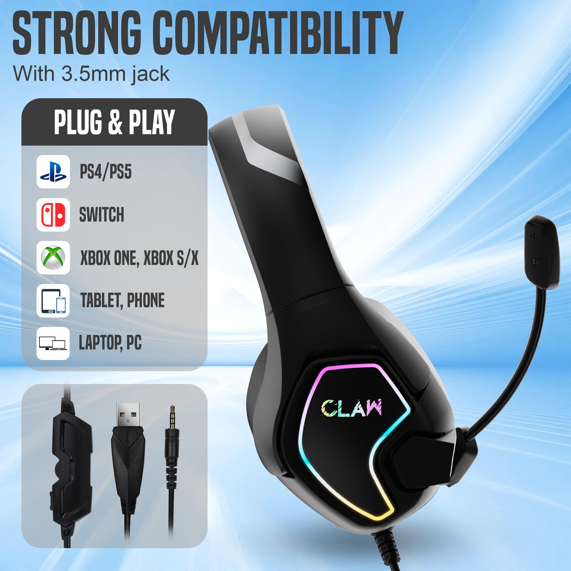 CLAW GH40 Casque de jeu filaire RVB avec pilotes de 50 mm, microphone à isolation sonore, prise audio 3,5 mm, câble tressé de 2 m, compatible avec PC, PS4, PS5, Xbox, ordinateurs portables et