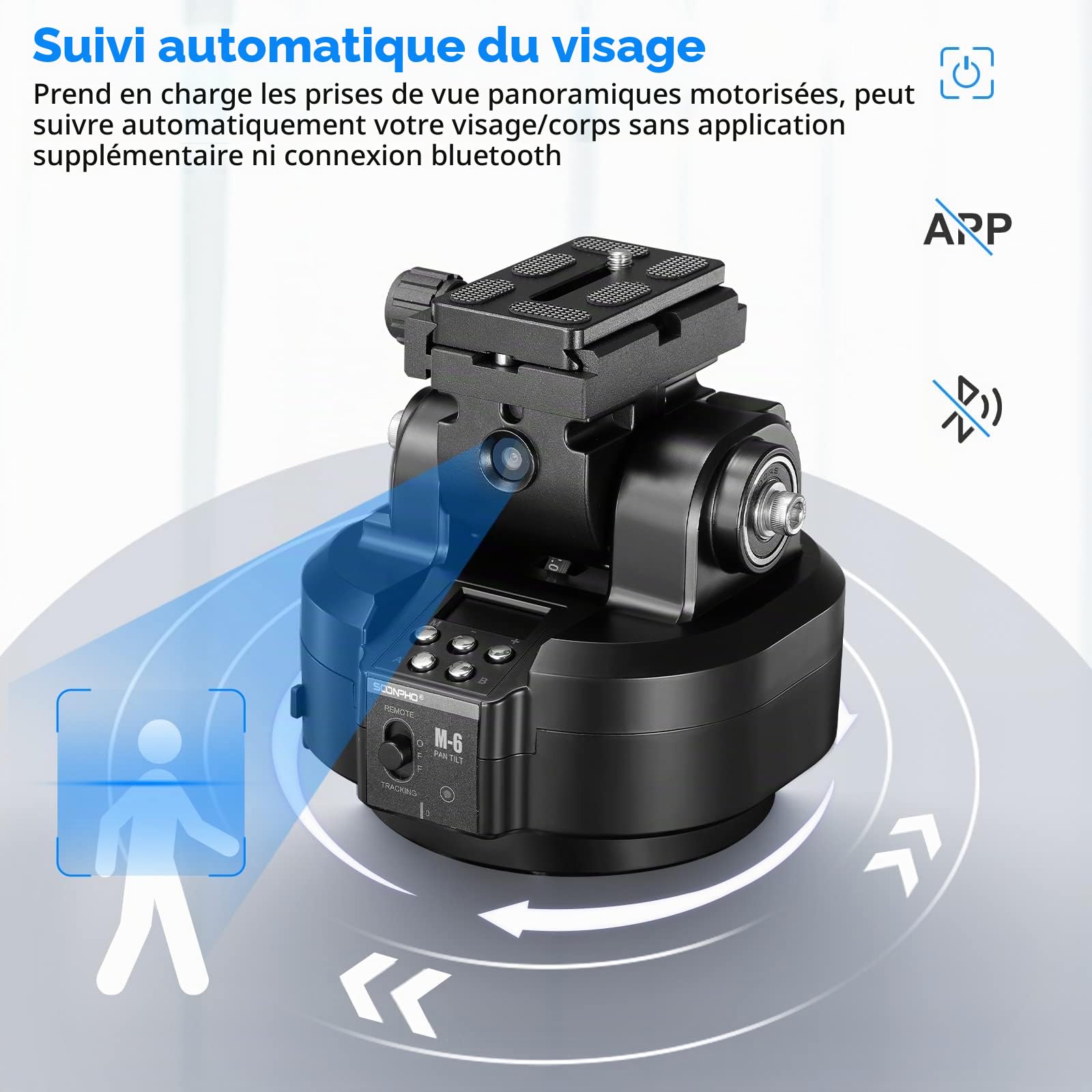 Soonpho M6 Tête de trépied panoramique électrique motorisée à 360 degrés avec pince pour téléphone et télécommande AI Face Tracking Reconnaissance des gestes AB Deux points pour DSLR,Trépied,Téléphone