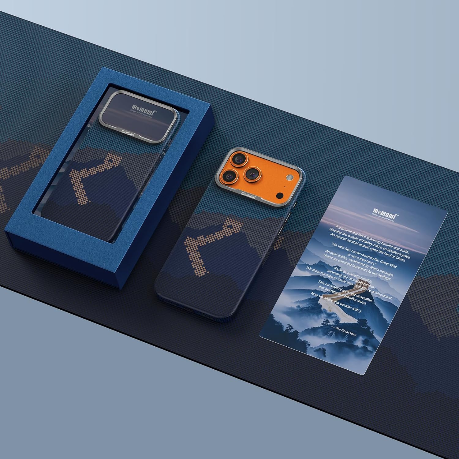 memumi Magnetic Case for iPhone 17 Pro Aramid Fiber+Tempered Glass Screen Protector, Compatible with Mag-Safe for iPhone 17 Pro Thin Case in Carbon Fiber Design, The Great Wall