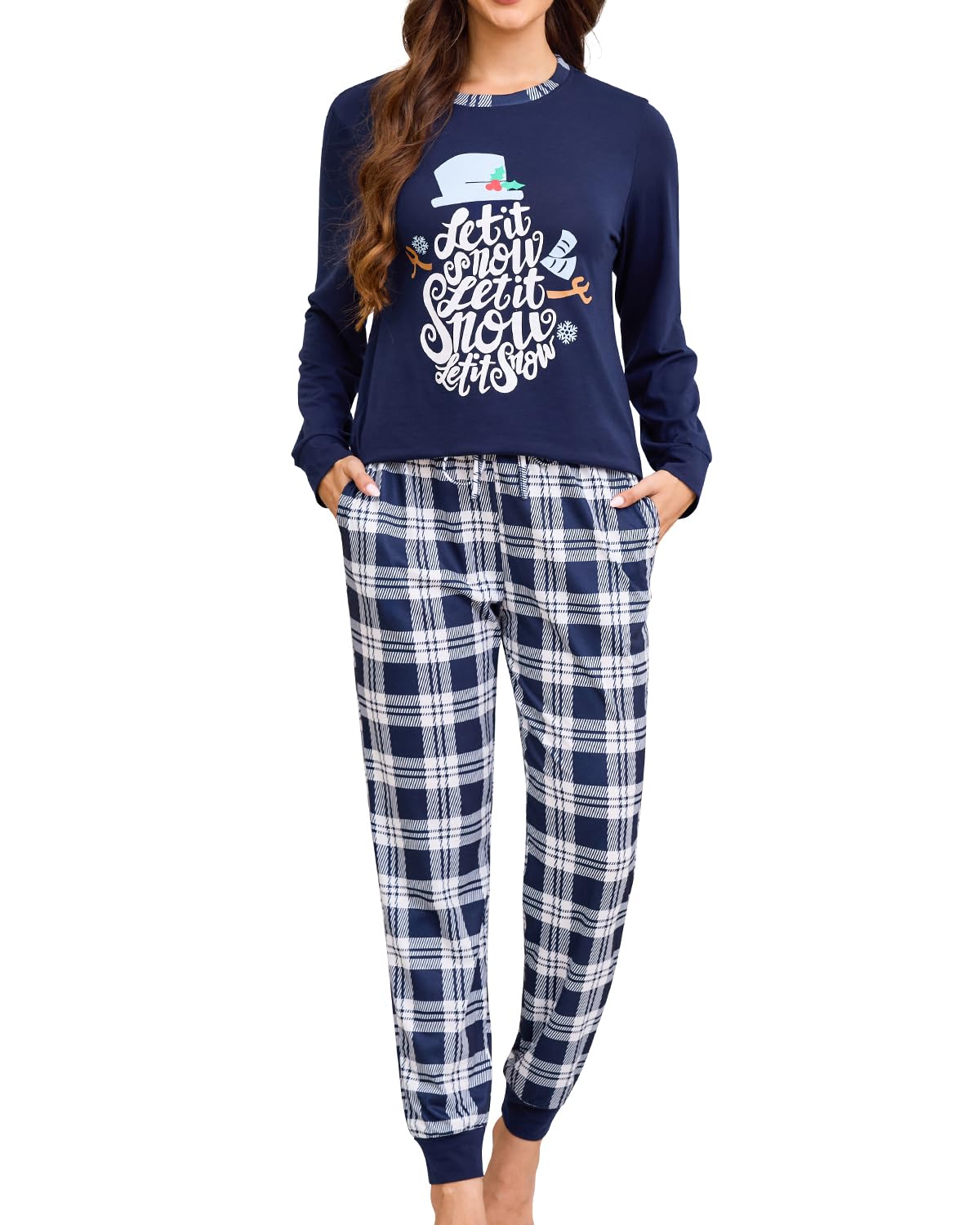 difficort Womens Christmas Pajamas Long Sleeve Pj Set Soft Plaid Pants Sleepwear with Pockets
