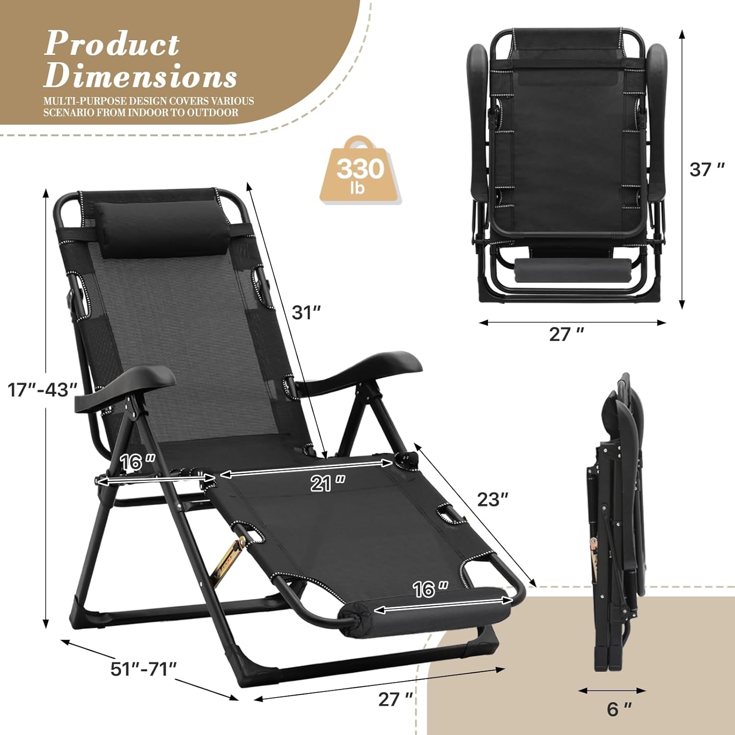 Athena Collection Zero Gravity Outdoor Lounge Chair Recliner Set of 2, 27" Width Reclining Pool Lounge Lawn Chairs with Headrest Foot Pad, Outdoor Chaise for Beach Patio Backyard Outside, Black