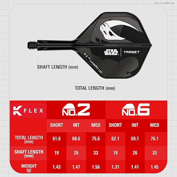 Target Darts Star Wars Mandalorian K Flex Integrato Freccette Voli e Alberi | Personaggio Ispirato Confezione da 6 K-Flex, No.2 e No.6 | Corto, Intermedio e Medio Disney Kflex Accessori - 4