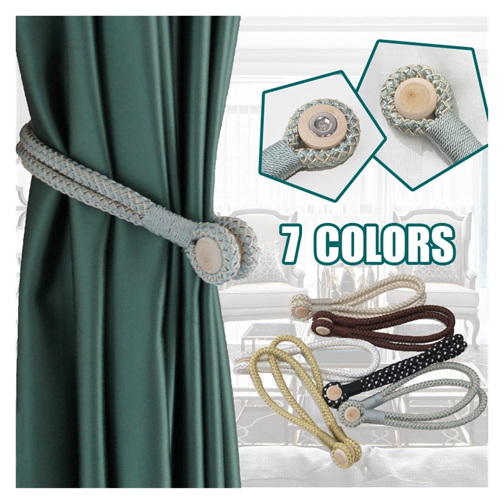 Alzapaños magnéticos para cortinas, 4 clips de sujeción con hebilla de correa de cuerda para un tratamiento simple y elegante de ventana, fácil instalación