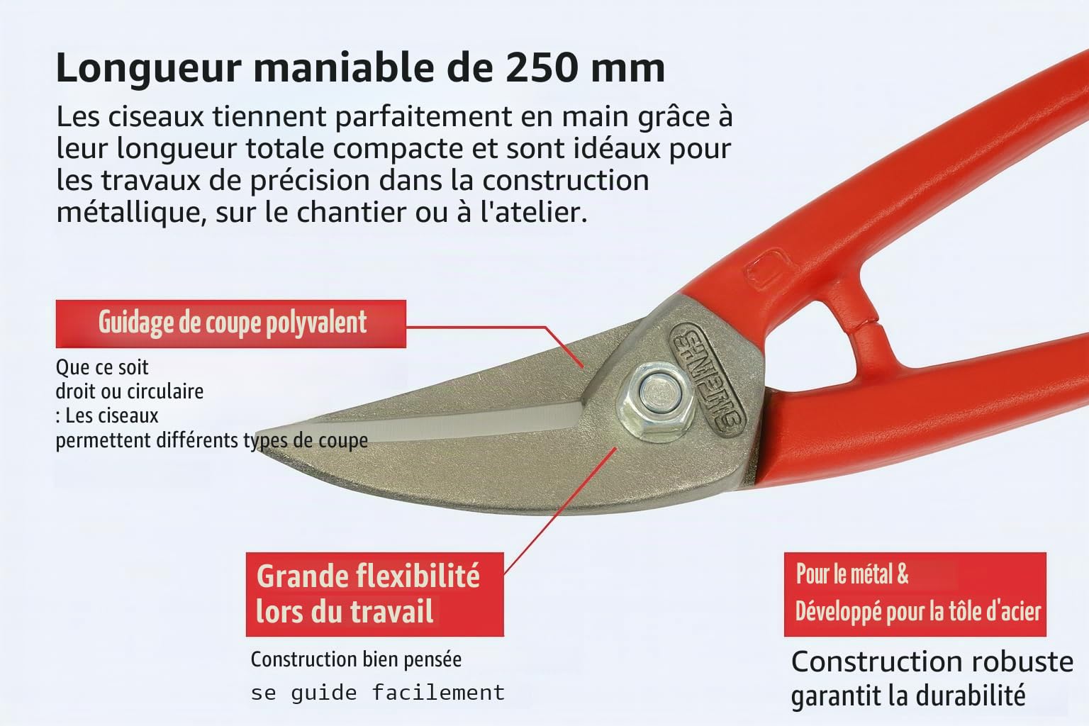 Cisaille métallique Stubai 250 mm pour chantier, atelier, construction, coupes droites et courbes Cisaille robuste en acier Outil de précision pour artisans