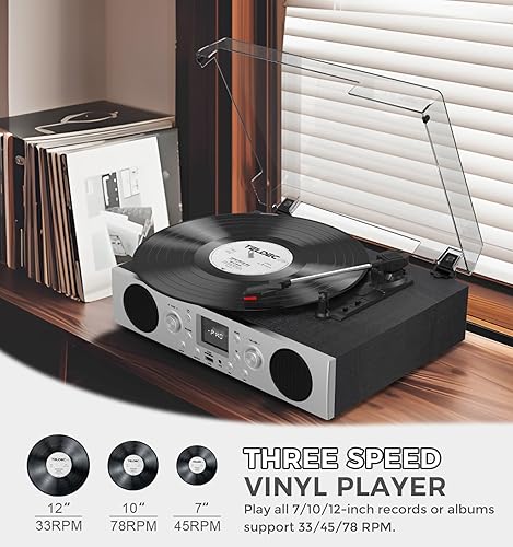 Miniatura 3 de VinylsLink - Tocadiscos con altavoces integrados, tocadiscos accionados por correa, soporte de 3 velocidades, radio FM y recepción Bluetooth, salida