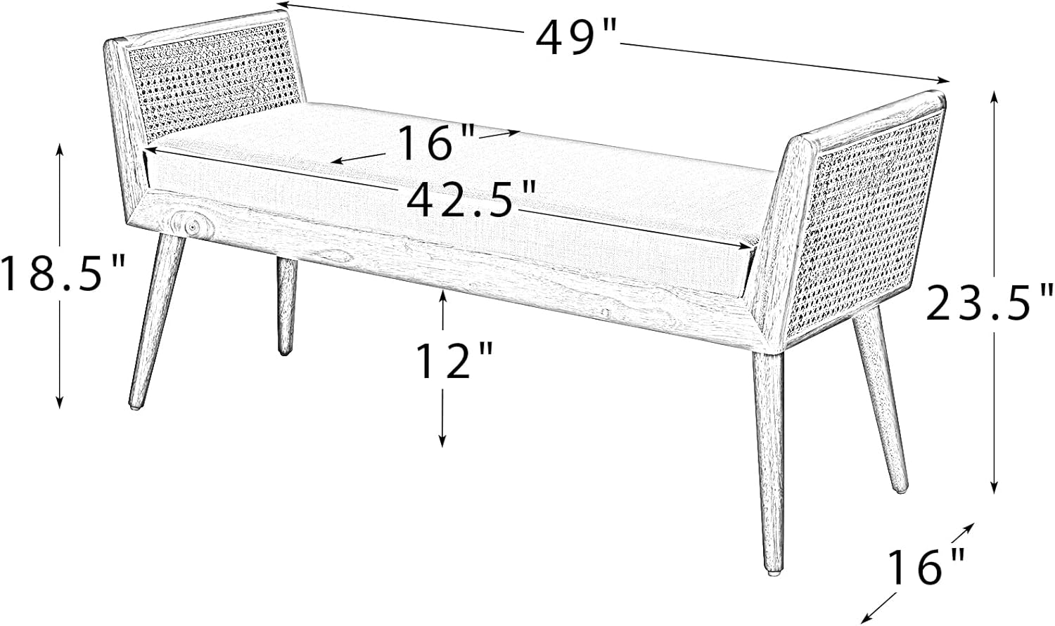 Buy HULALA HOME End of Bed Bench with Rattan Design & Wooden Legs, Upholstered Accent Ottoman