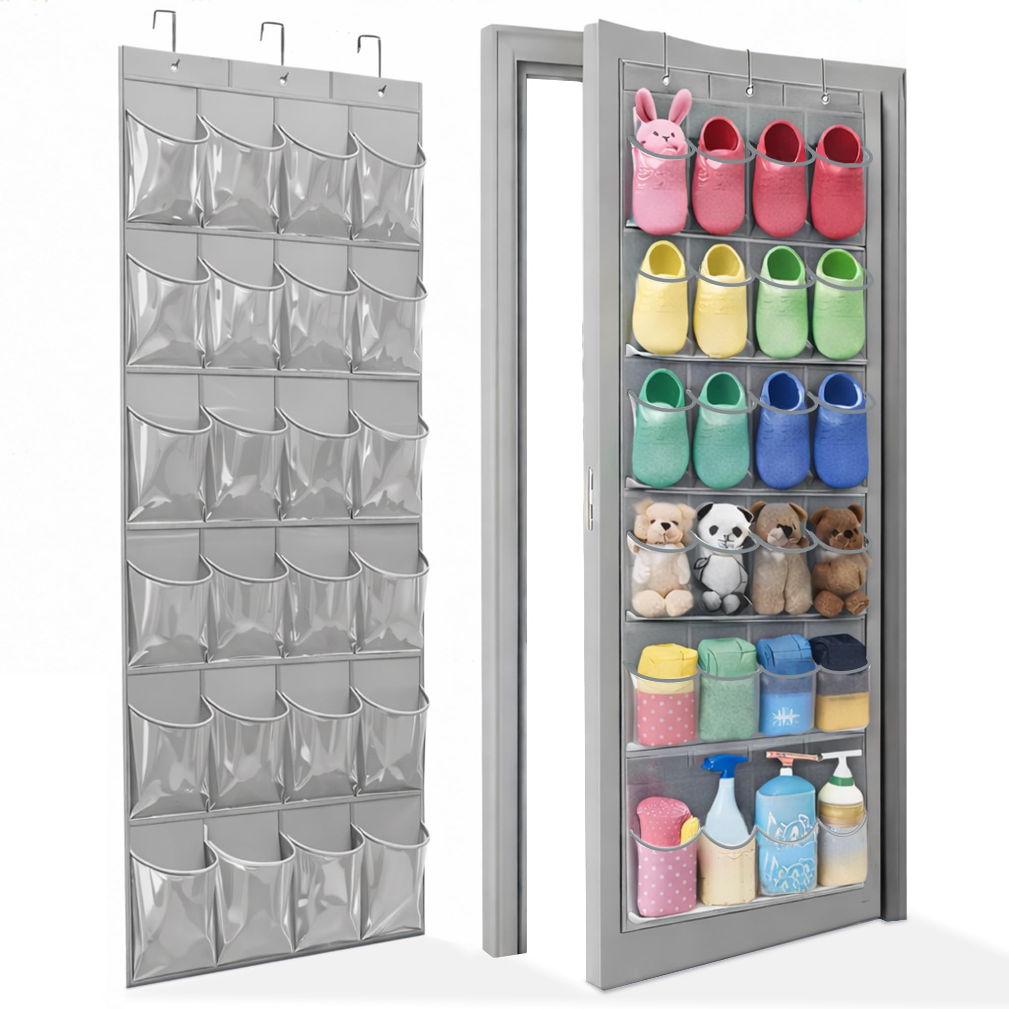 Over The Door Shoe Organizer - Space Saving Shoe Rack for Closet Door with 24 Crystal Clear Pockets and Metal Hooks, Shoe Holder Back of Door