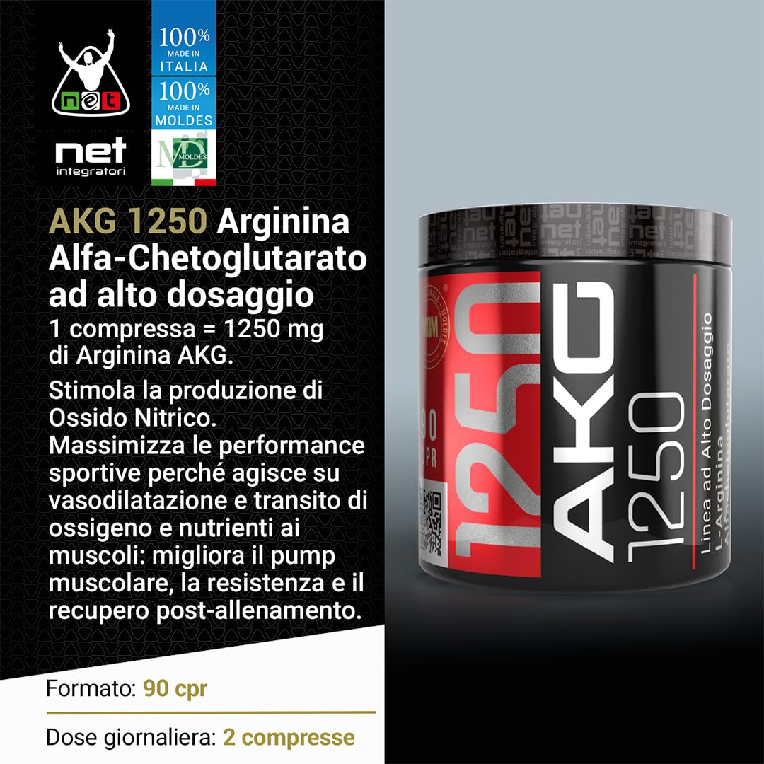 Net Integratori AKG 1250 – 90 compresse – Integratore di Arginina Alfa-Chetoglutarato ad Alto Dosaggio per Stimolare Ossido Nitrico e Aumentare Pump Muscolare e Resistenza – Pre e Post Workout