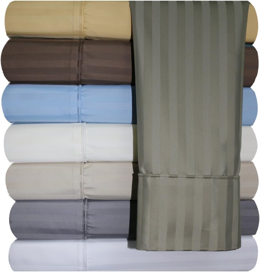 Royal Hotel 650-Thread-Count Bed Sheets - Wrinkle Free Sheets - Deep Pocket, Cotton Blend, Sateen Sheets, Hypoallergenic, 5 Piece - Split-King : Adjustable King Size - Blue, Striped