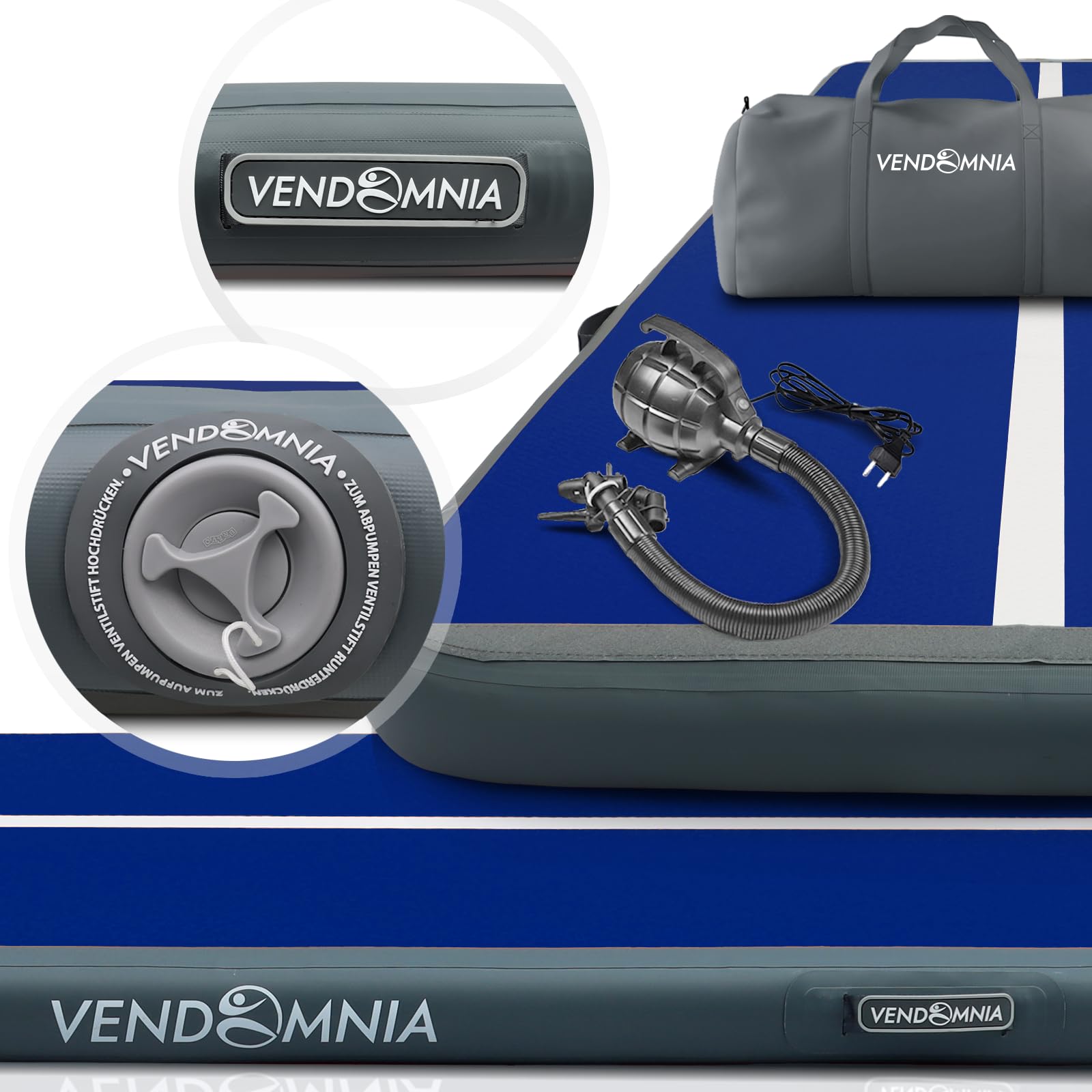 VENDOMNIA Airtrack Tapis de gymnastique, gonflable, 10/20 cm de haut, longueur : 1/2/3/4/5/6/7/8 m, avec pompe électrique et sac, tapis de tumbling, tapis d'entraînement, tapis de fitness, tapis de