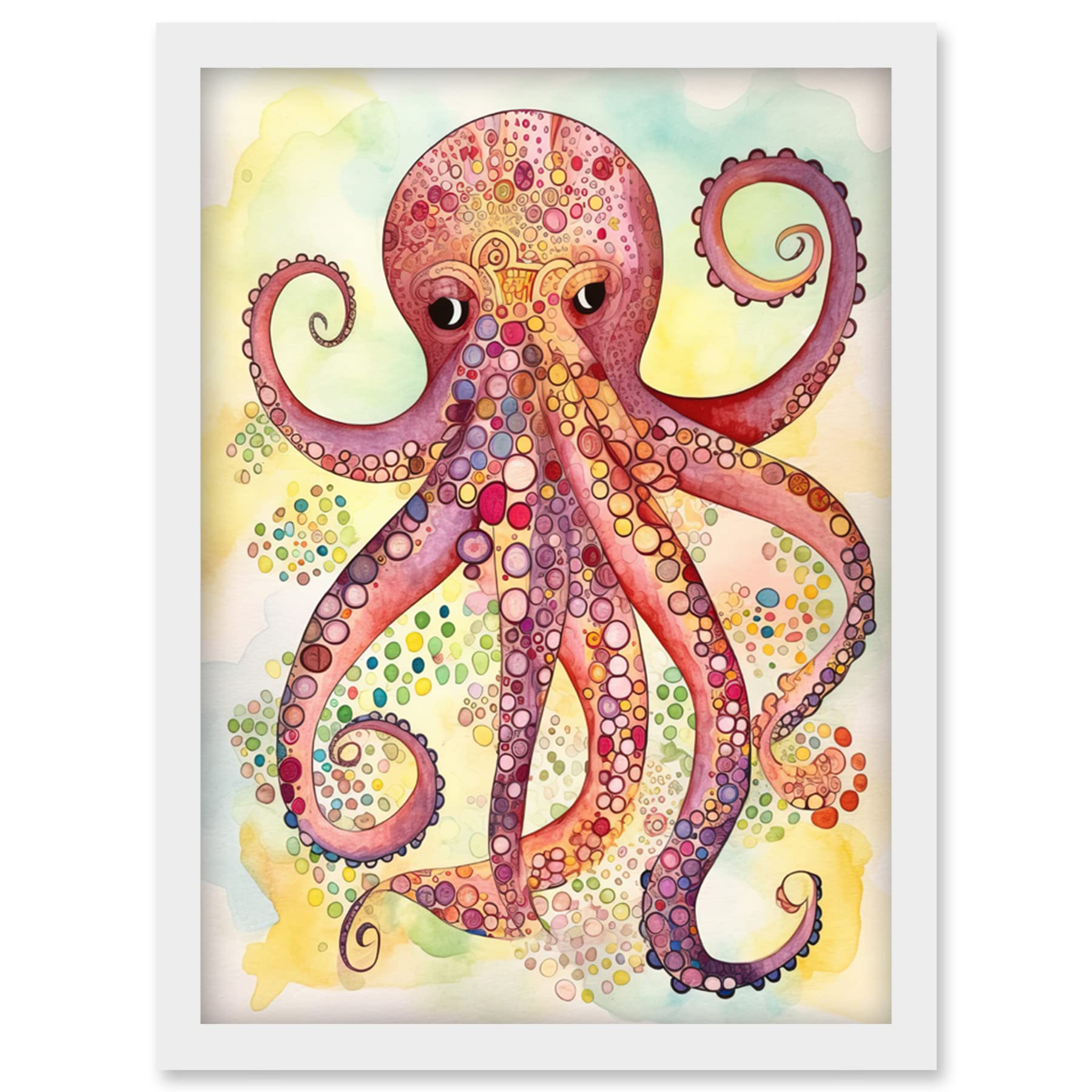 Artery8 Octopus Portrait Bright Folk Art Watercolour Painting Artwork Framed Wall Art Print A4
