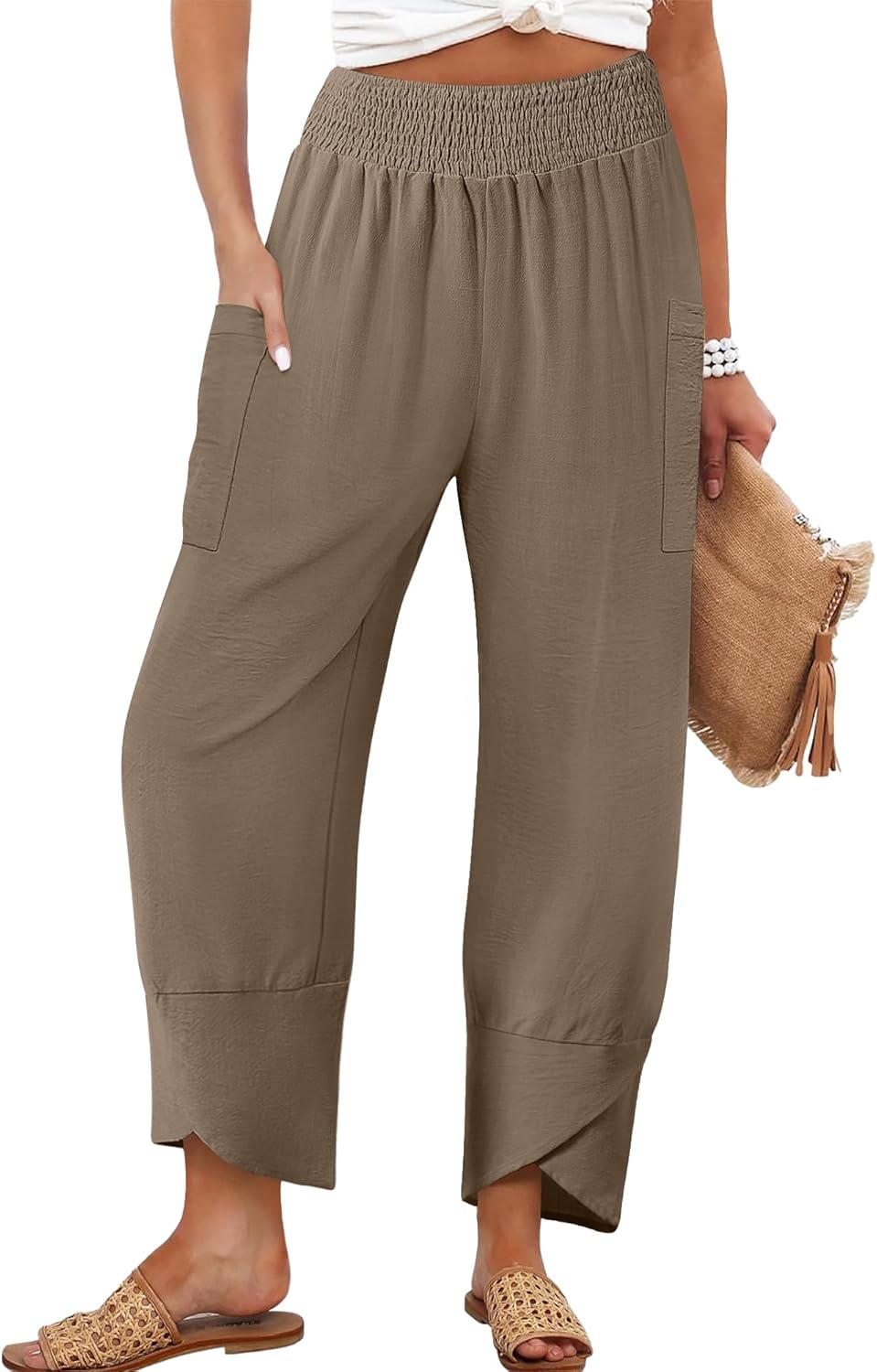 Women's Summer High Waisted Baggy Pants Wide Leg Linen Pants Casual Ankle Length Trouser Slacks with Pockets