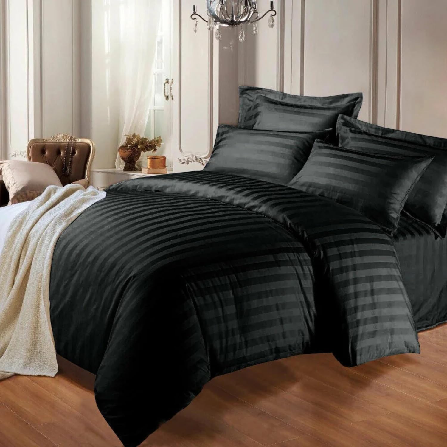 Opulent Living King Size Duvet Cover Set With Pillowcases, Soft Egyptian Cotton Microfiber Bedding Set, Striped Quilt Cover Set, Breathable Easy Care Bedding Set - King (UK Standard) Black