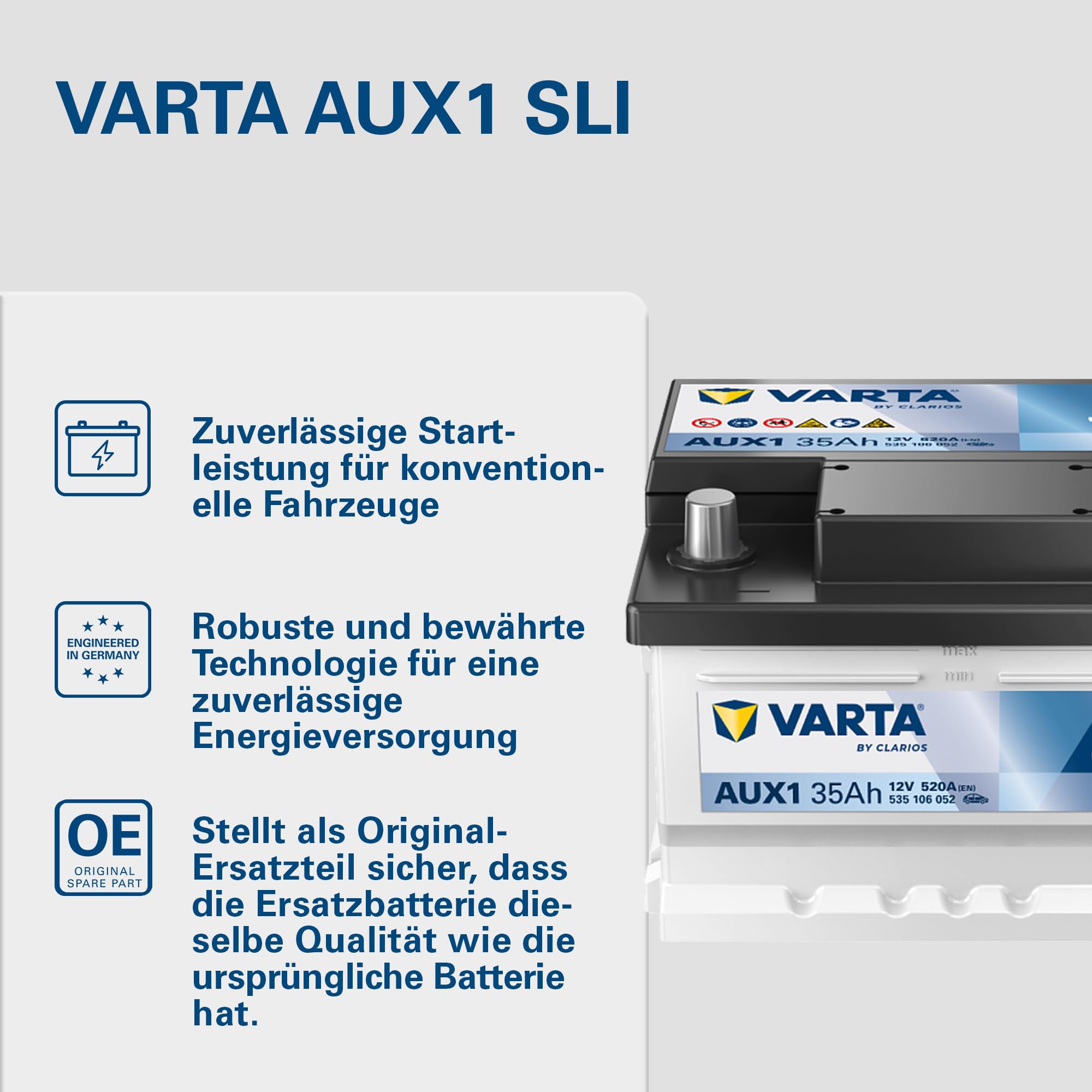 VARTA Automotive DYNAMIC SLI Auxiliary AGM (AUX1) 12V 35Ah 520A - Stützbatterie Nassbatterie für KFZ - Zusätzliche Starterbatterie für Autos mit hohem Energiebedarf - Wartungsfreie Bleisäurebatterie